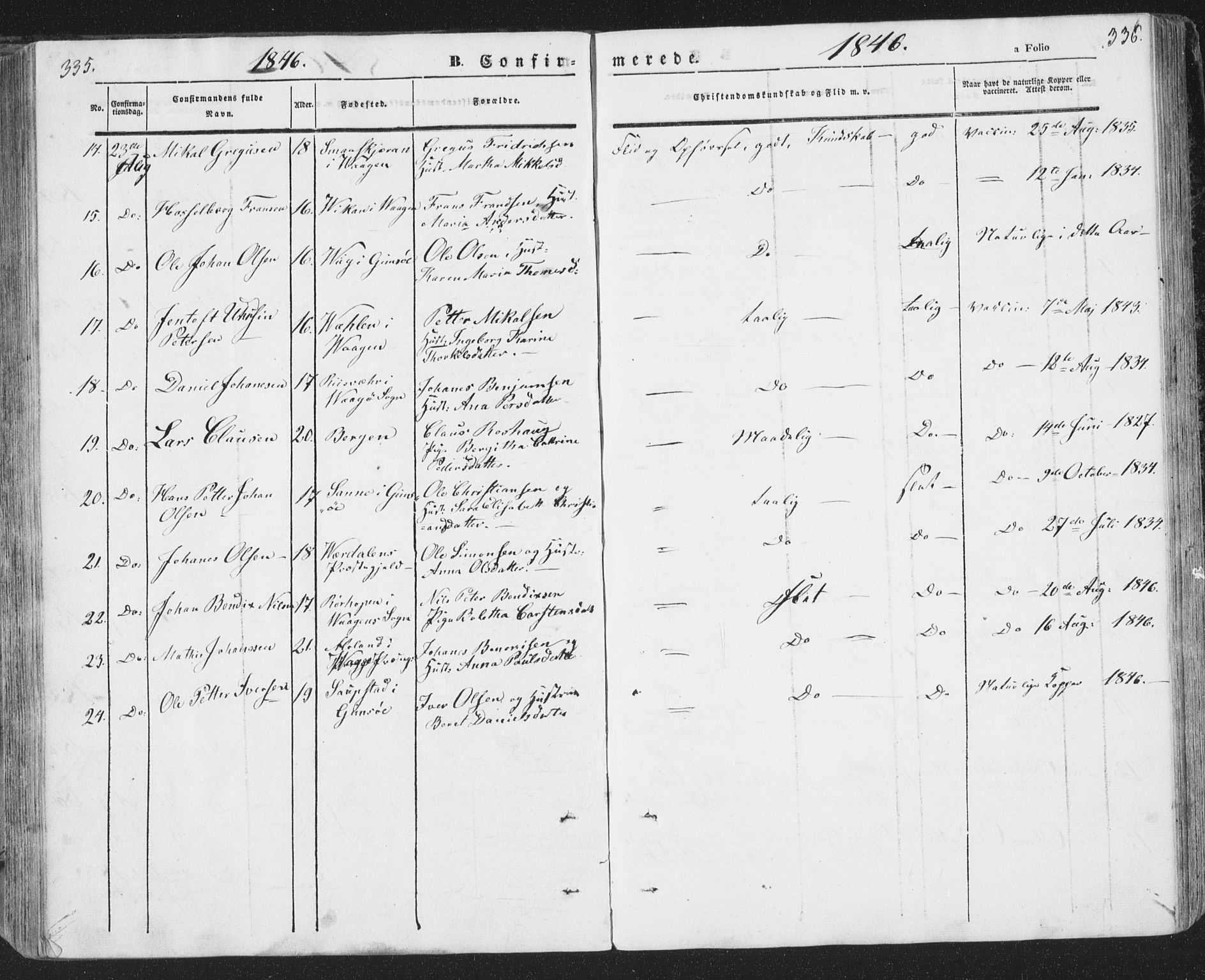 Ministerialprotokoller, klokkerbøker og fødselsregistre - Nordland, AV/SAT-A-1459/874/L1072: Parish register (copy) no. 874C01, 1843-1859, p. 335-336