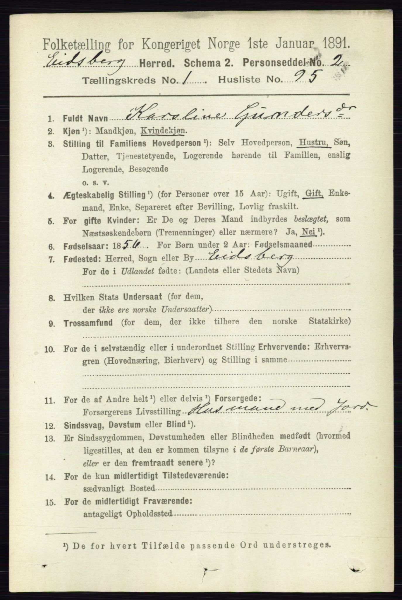 RA, 1891 census for 0125 Eidsberg, 1891, p. 748