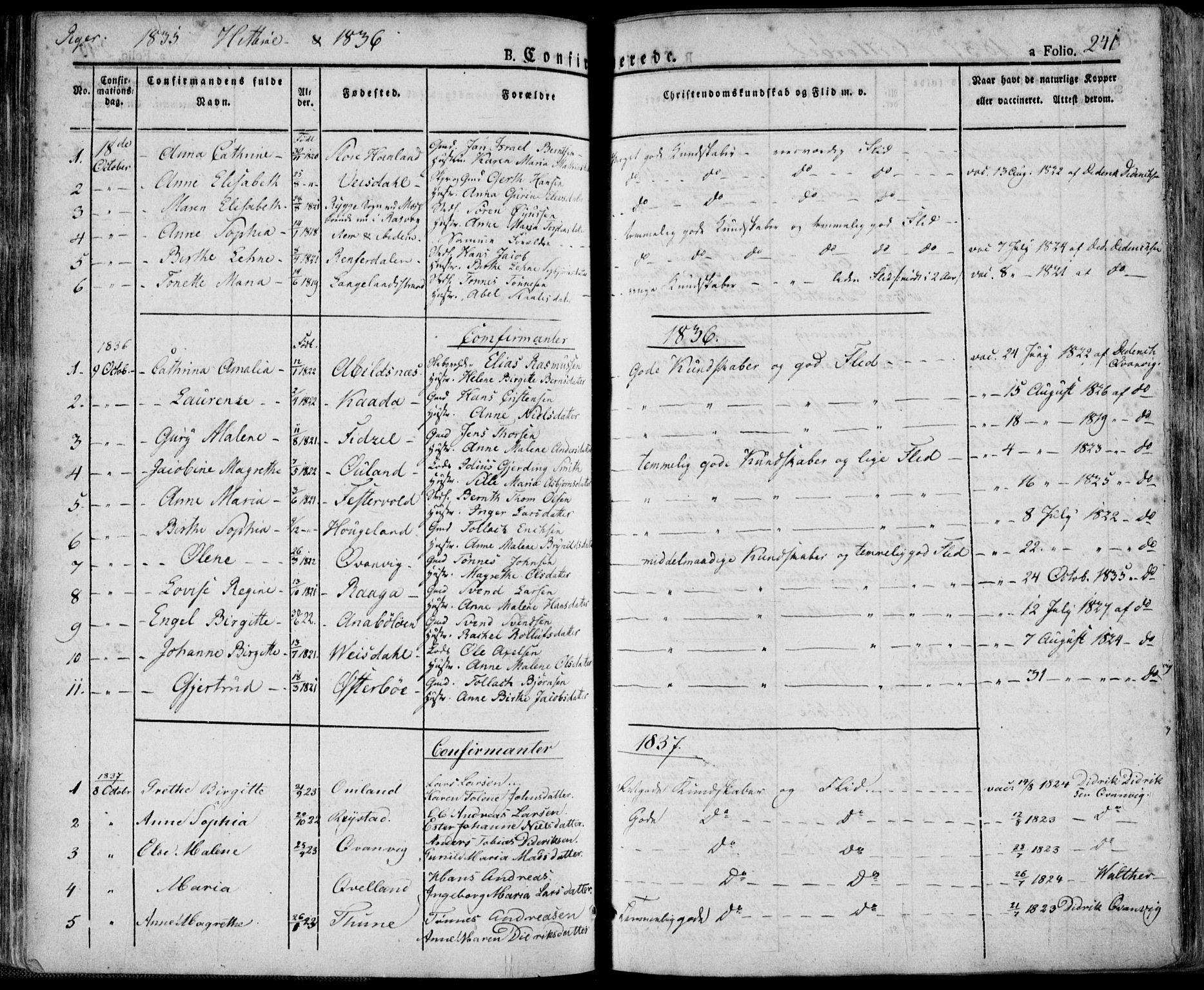 Flekkefjord sokneprestkontor, SAK/1111-0012/F/Fa/Fac/L0003: Parish register (official) no. A 3, 1826-1841, p. 241