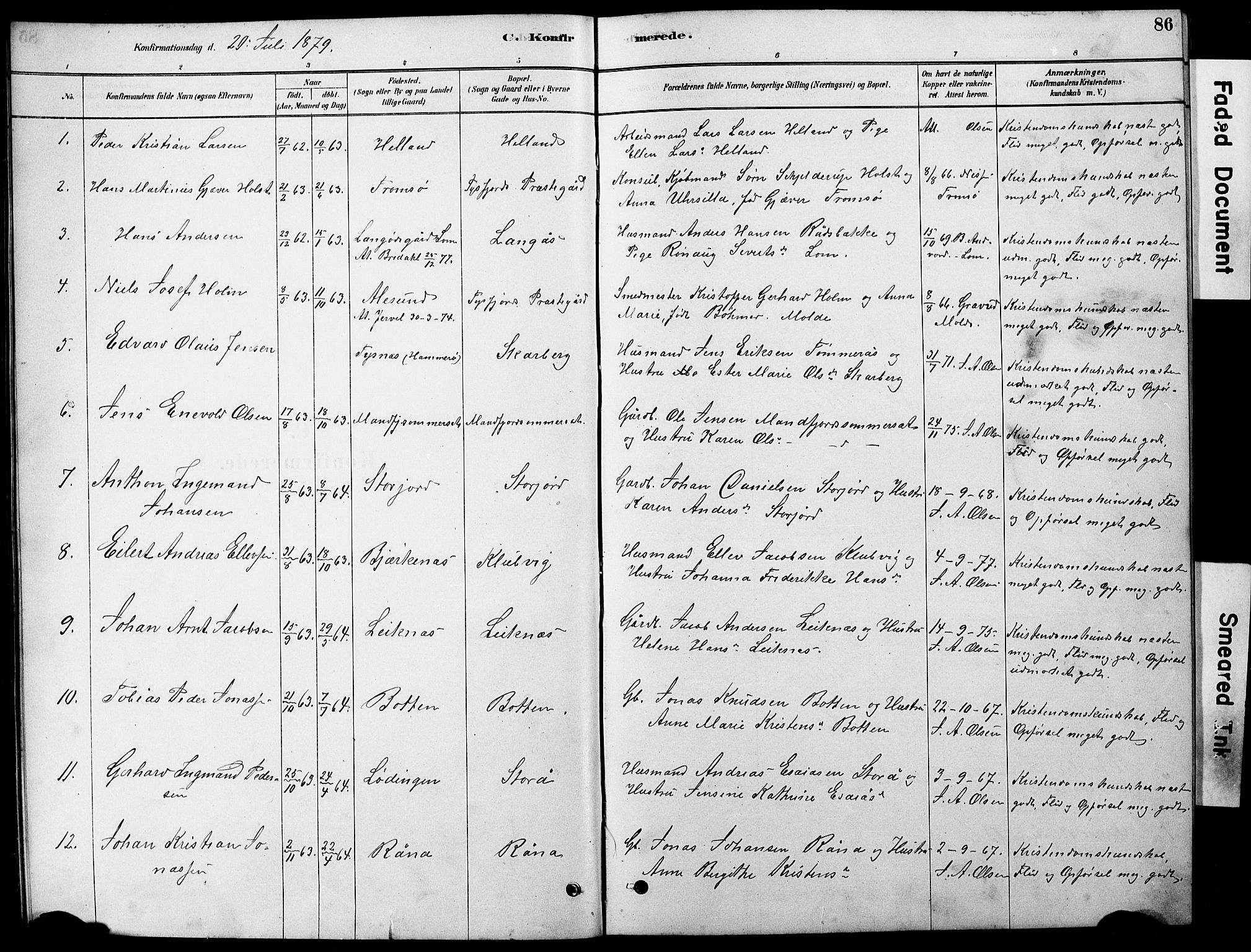 Ministerialprotokoller, klokkerbøker og fødselsregistre - Nordland, AV/SAT-A-1459/861/L0875: Parish register (copy) no. 861C01, 1879-1887, p. 86