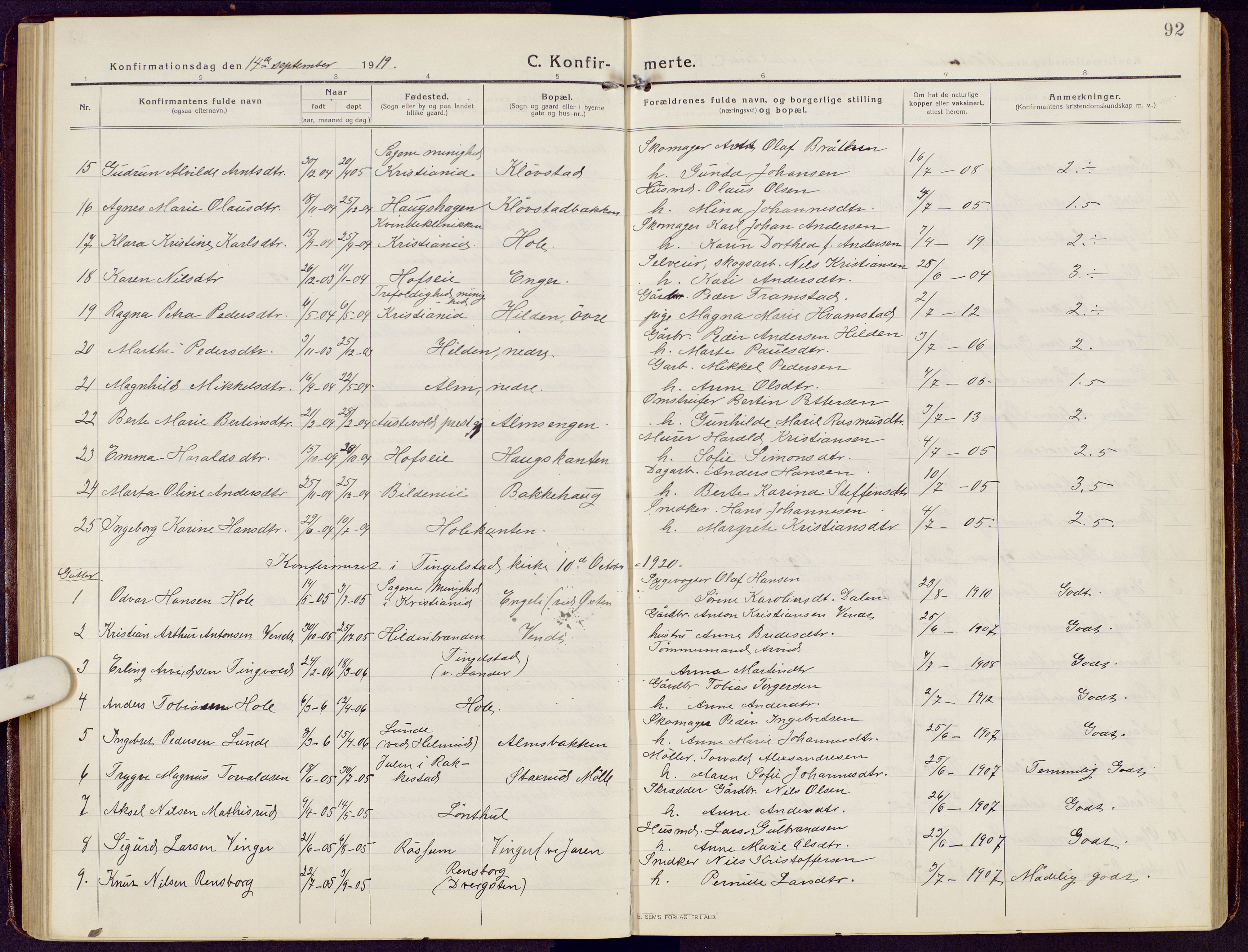 Brandbu prestekontor, SAH/PREST-114/H/Ha/Hab/L0010: Parish register (copy) no. 10, 1916-1930, p. 92