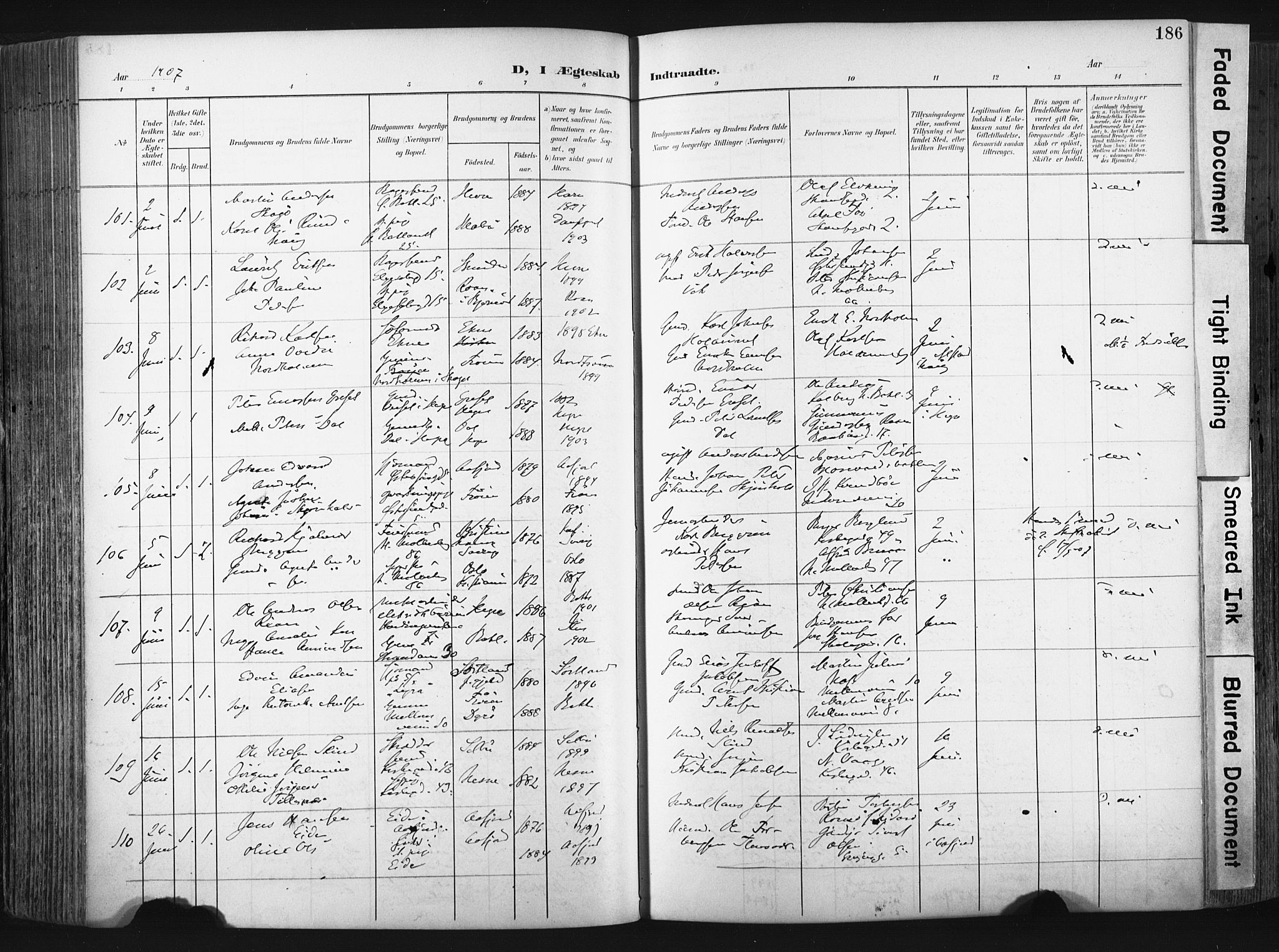 Ministerialprotokoller, klokkerbøker og fødselsregistre - Sør-Trøndelag, SAT/A-1456/604/L0201: Parish register (official) no. 604A21, 1901-1911, p. 186