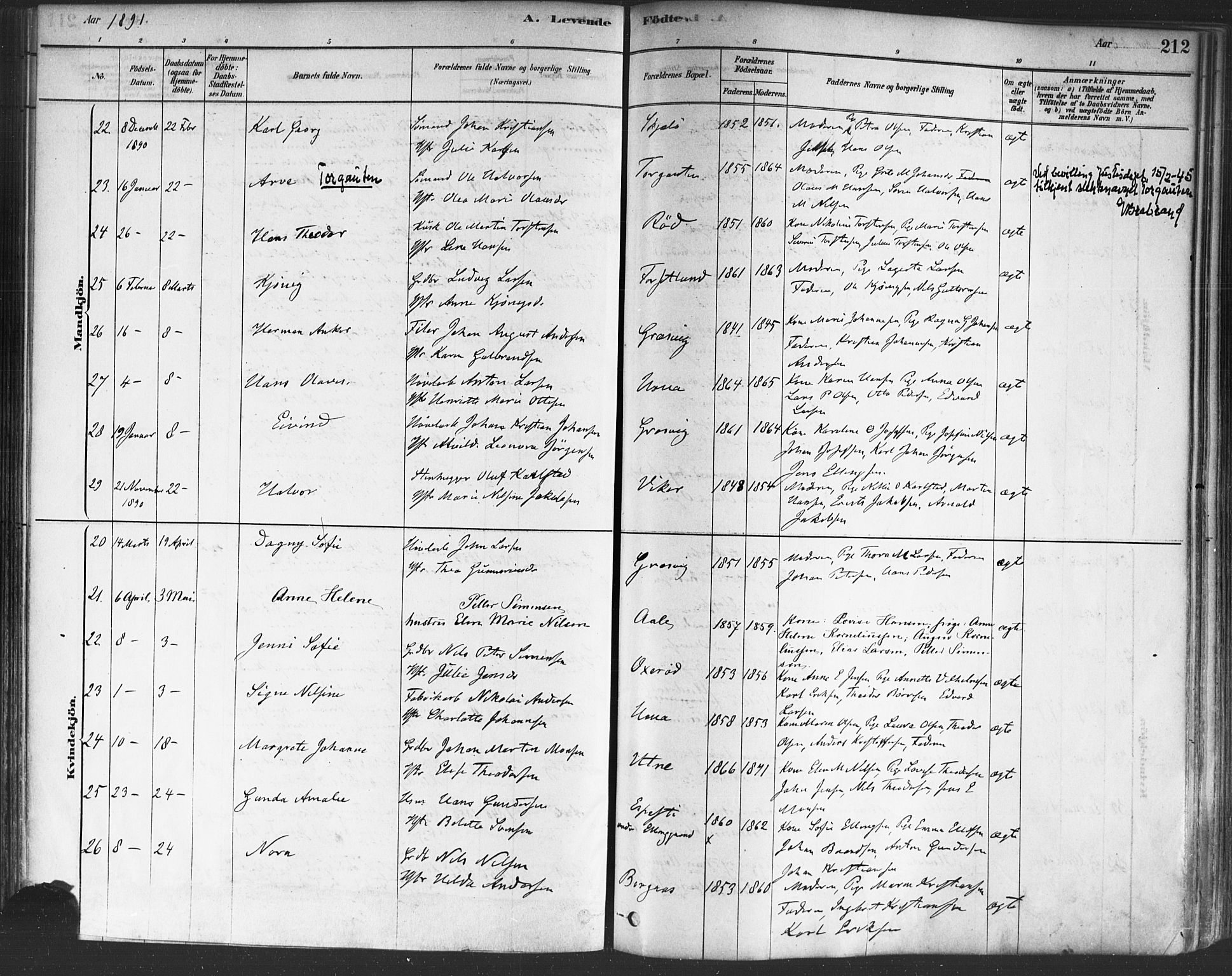 Onsøy prestekontor Kirkebøker, AV/SAO-A-10914/F/Fa/L0005: Parish register (official) no. I 5, 1878-1898, p. 212