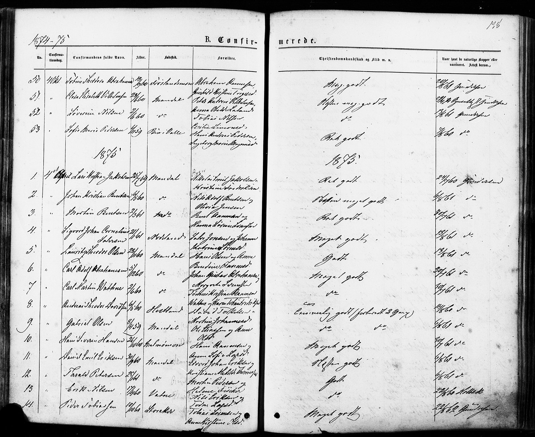 Mandal sokneprestkontor, SAK/1111-0030/F/Fa/Faa/L0015: Parish register (official) no. A 15, 1873-1879, p. 138