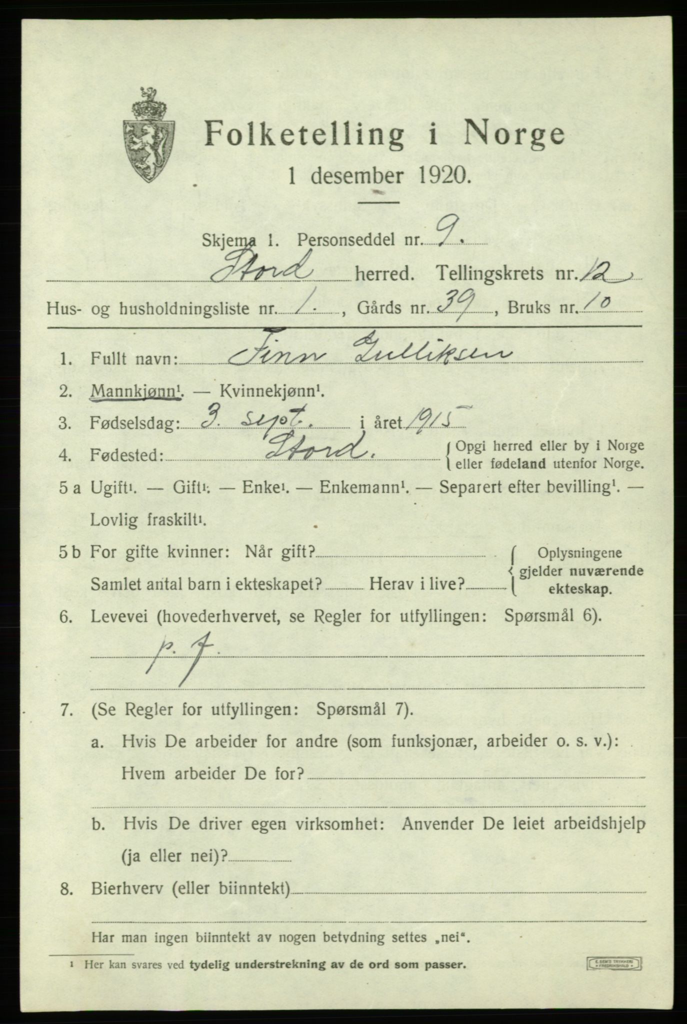 SAB, 1920 census for Stord, 1920, p. 7013