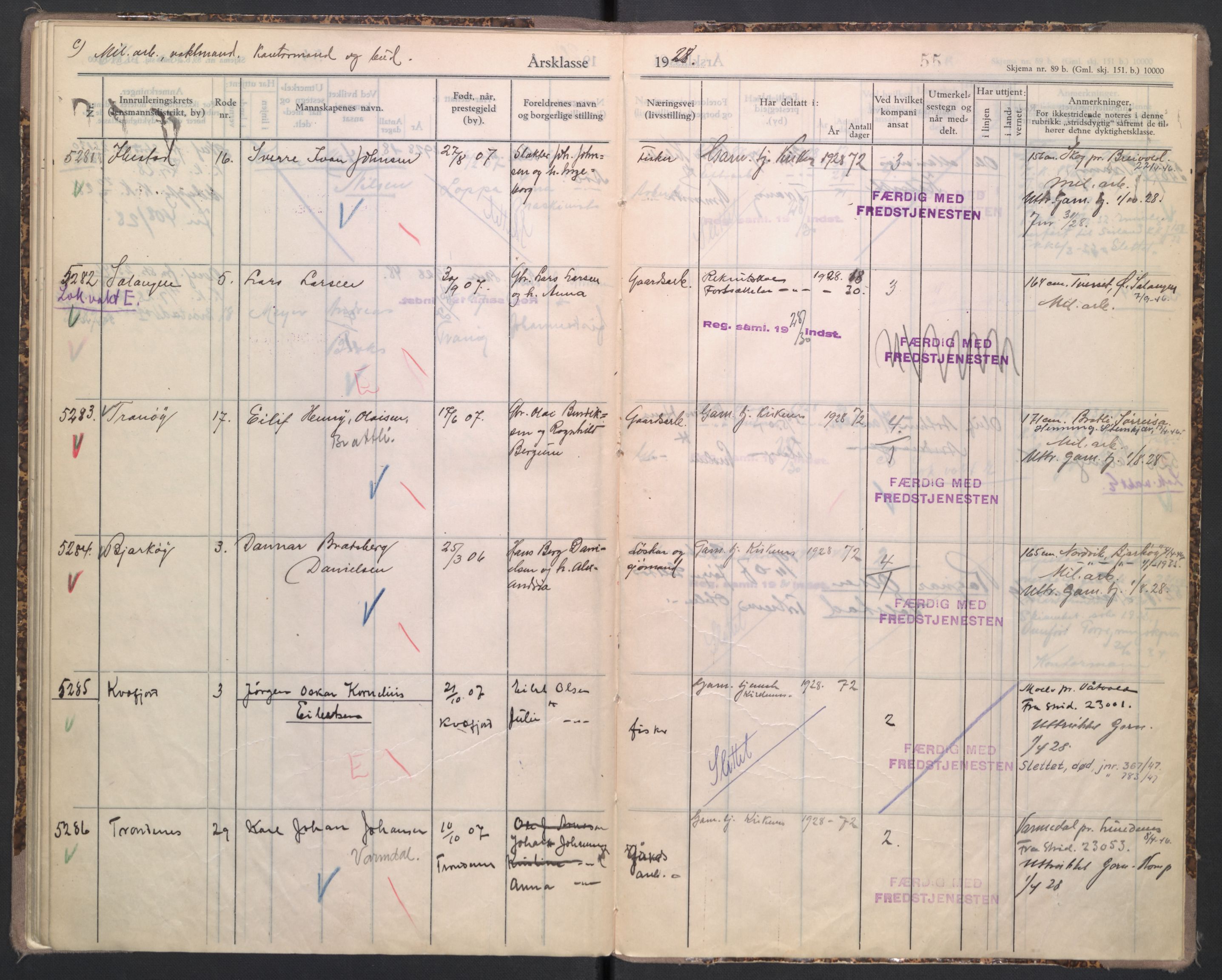 Forsvaret, Troms infanteriregiment nr. 16, AV/RA-RAFA-3146/P/Pa/L0004/0006: Ruller / Rulle for Trondenes bataljons menige mannskaper, årsklasse 1928, 1928, p. 55