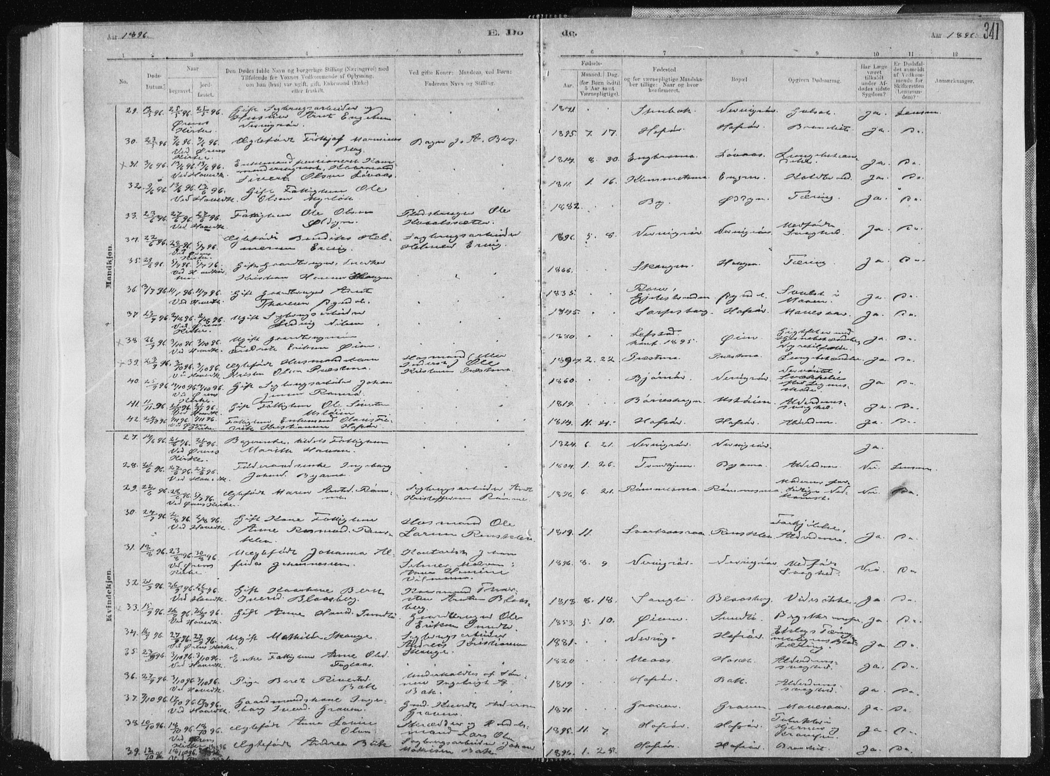 Ministerialprotokoller, klokkerbøker og fødselsregistre - Sør-Trøndelag, SAT/A-1456/668/L0818: Parish register (copy) no. 668C07, 1885-1898, p. 341