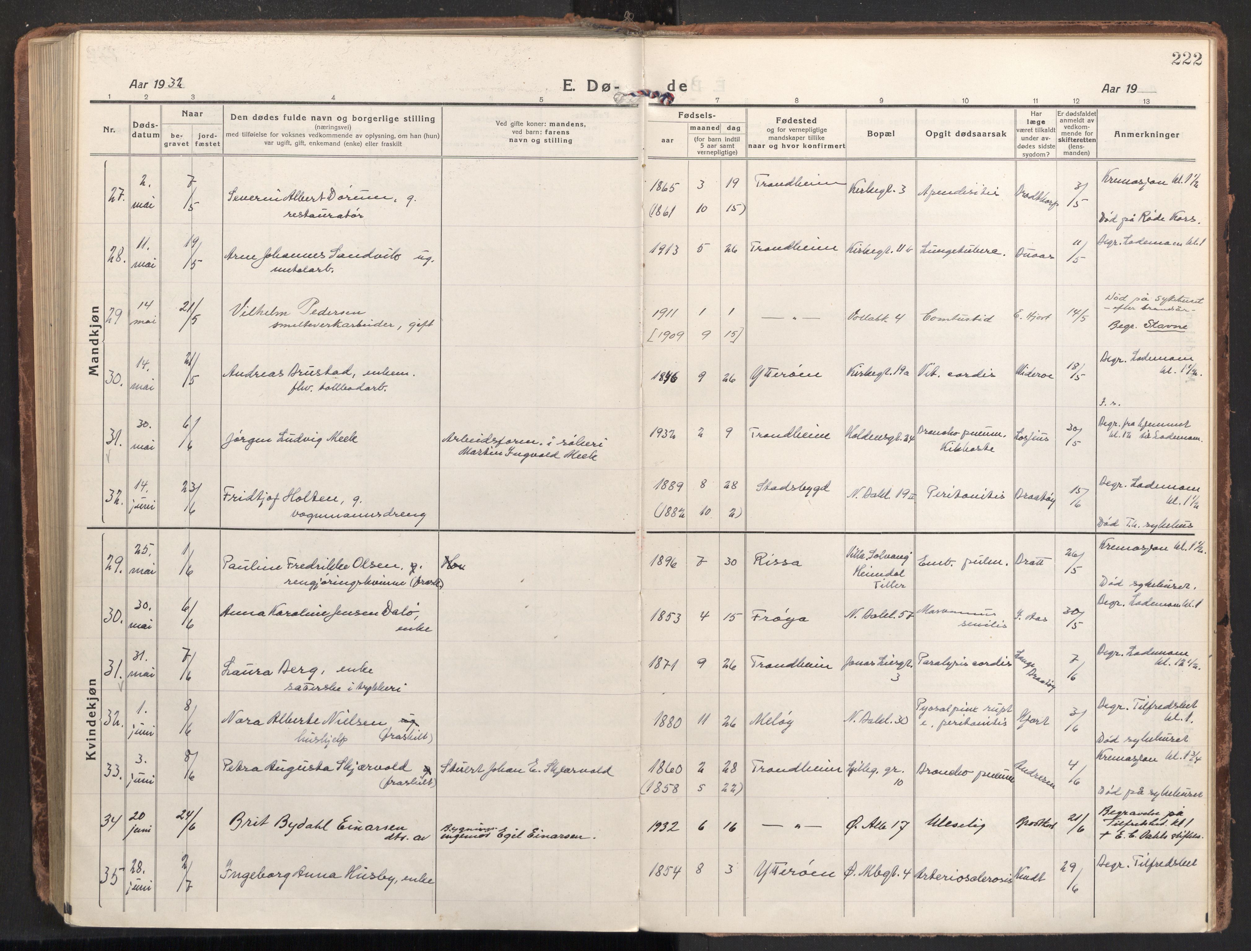 Ministerialprotokoller, klokkerbøker og fødselsregistre - Sør-Trøndelag, AV/SAT-A-1456/604/L0207: Parish register (official) no. 604A27, 1917-1933, p. 222