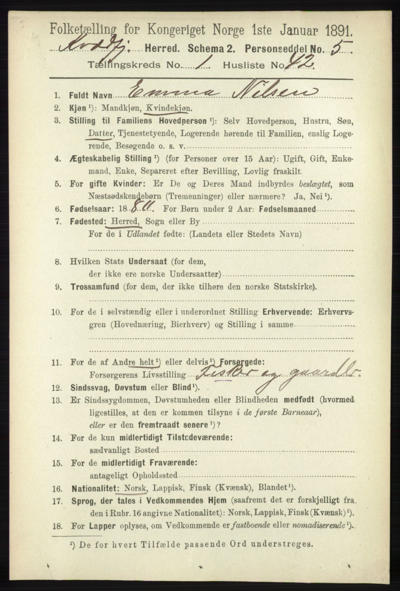 RA, 1891 census for 1911 Kvæfjord, 1891, p. 367