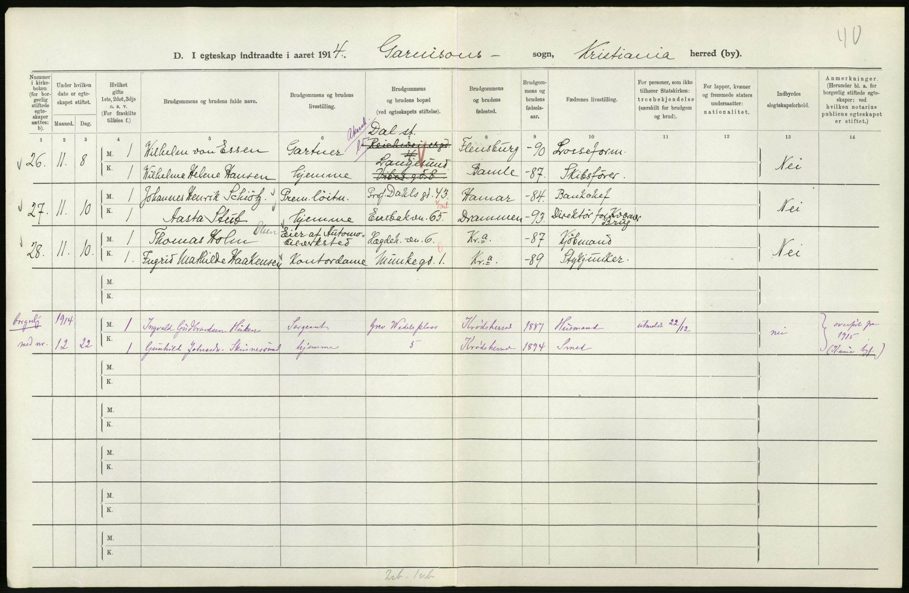 Statistisk sentralbyrå, Sosiodemografiske emner, Befolkning, AV/RA-S-2228/D/Df/Dfb/Dfbd/L0007: Kristiania: Gifte, 1914, p. 38