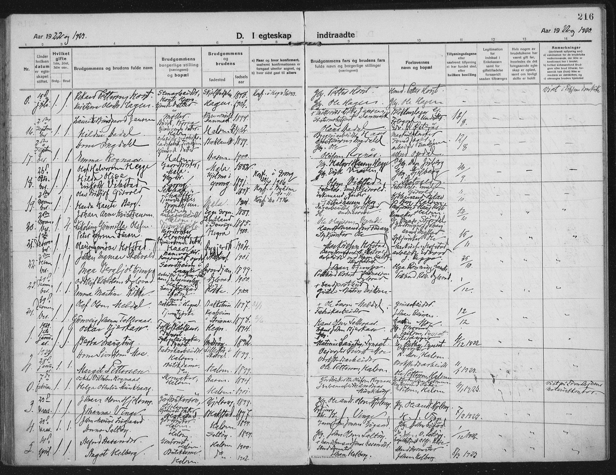 Ministerialprotokoller, klokkerbøker og fødselsregistre - Nord-Trøndelag, AV/SAT-A-1458/709/L0083: Parish register (official) no. 709A23, 1916-1928, p. 216