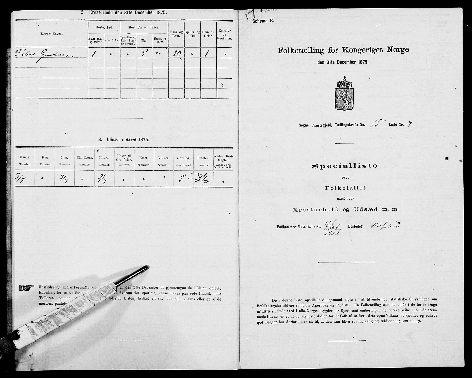 SAK, 1875 census for 1018P Søgne, 1875, p. 1127