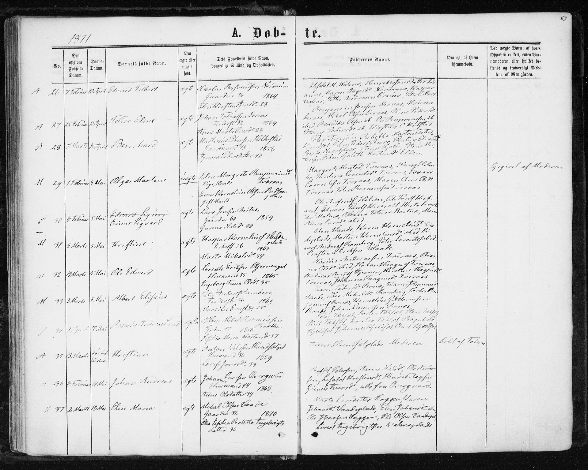 Ministerialprotokoller, klokkerbøker og fødselsregistre - Nord-Trøndelag, AV/SAT-A-1458/741/L0394: Parish register (official) no. 741A08, 1864-1877, p. 63