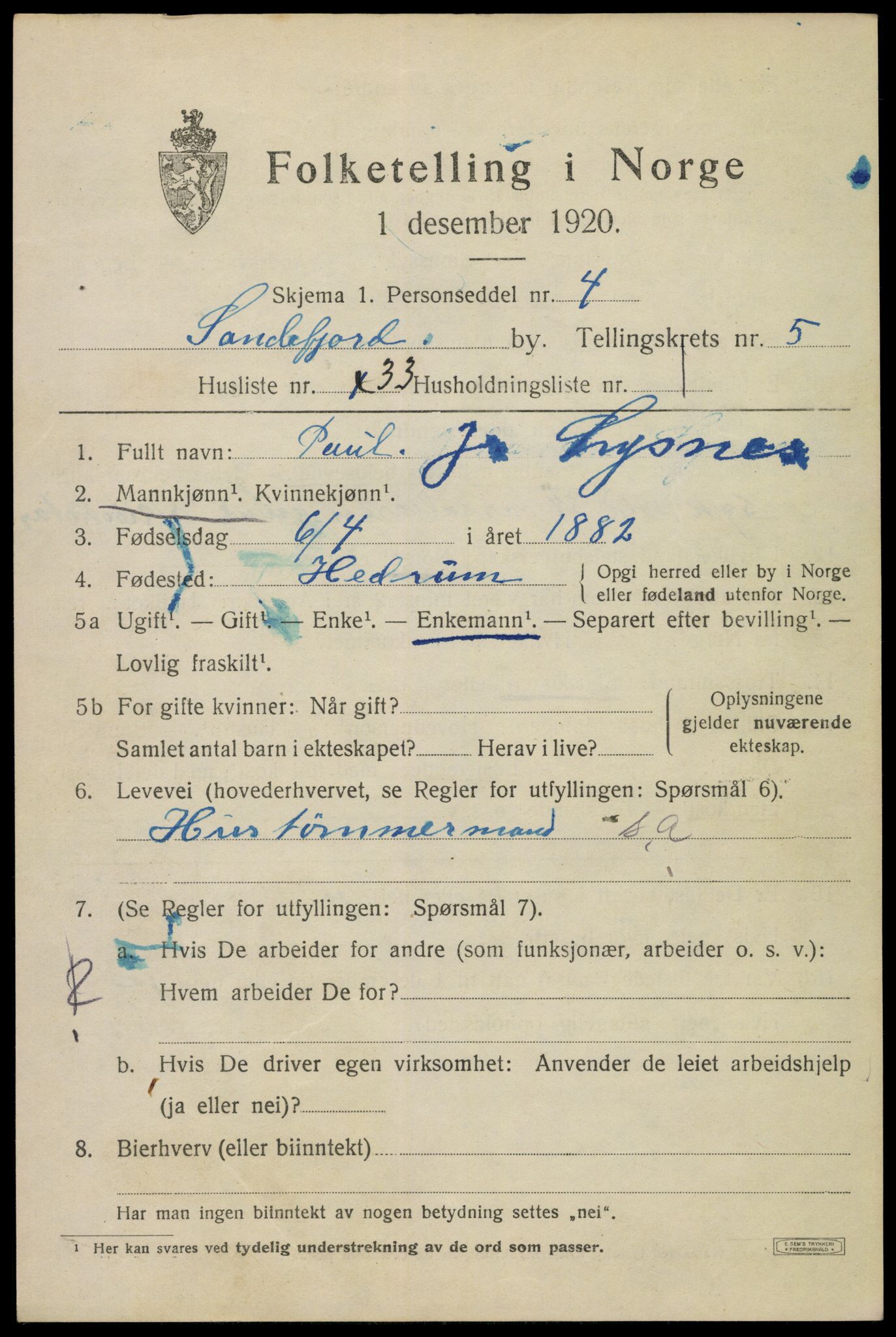 SAKO, 1920 census for Sandefjord, 1920, p. 9046