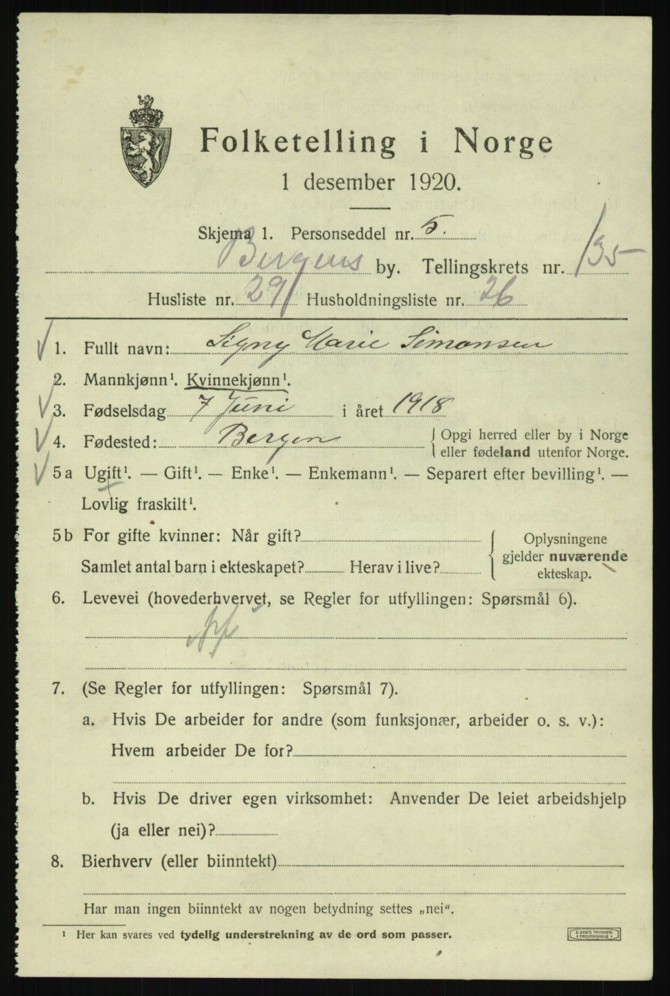 SAB, 1920 census for Bergen, 1920, p. 226748