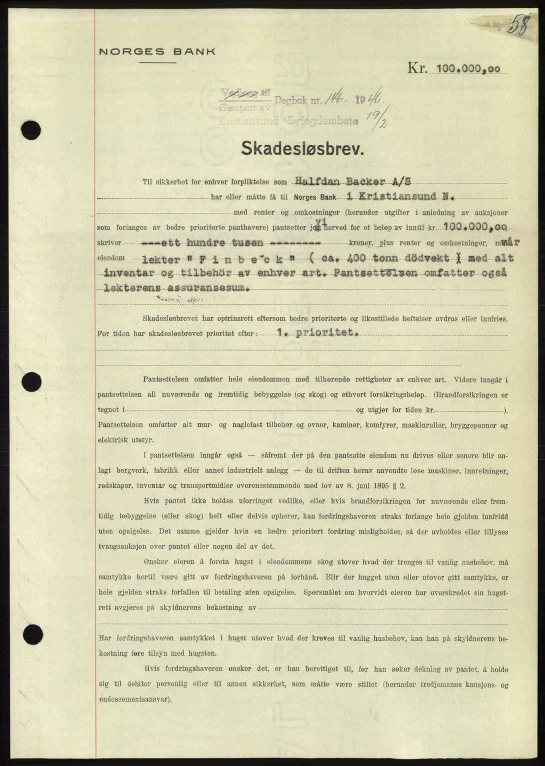 Kristiansund byfogd, AV/SAT-A-4587/A/27: Mortgage book no. 40, 1946-1946, Diary no: : 146/1946