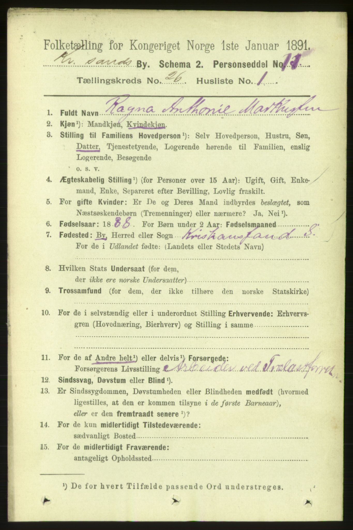 RA, 1891 census for 1001 Kristiansand, 1891, p. 8889