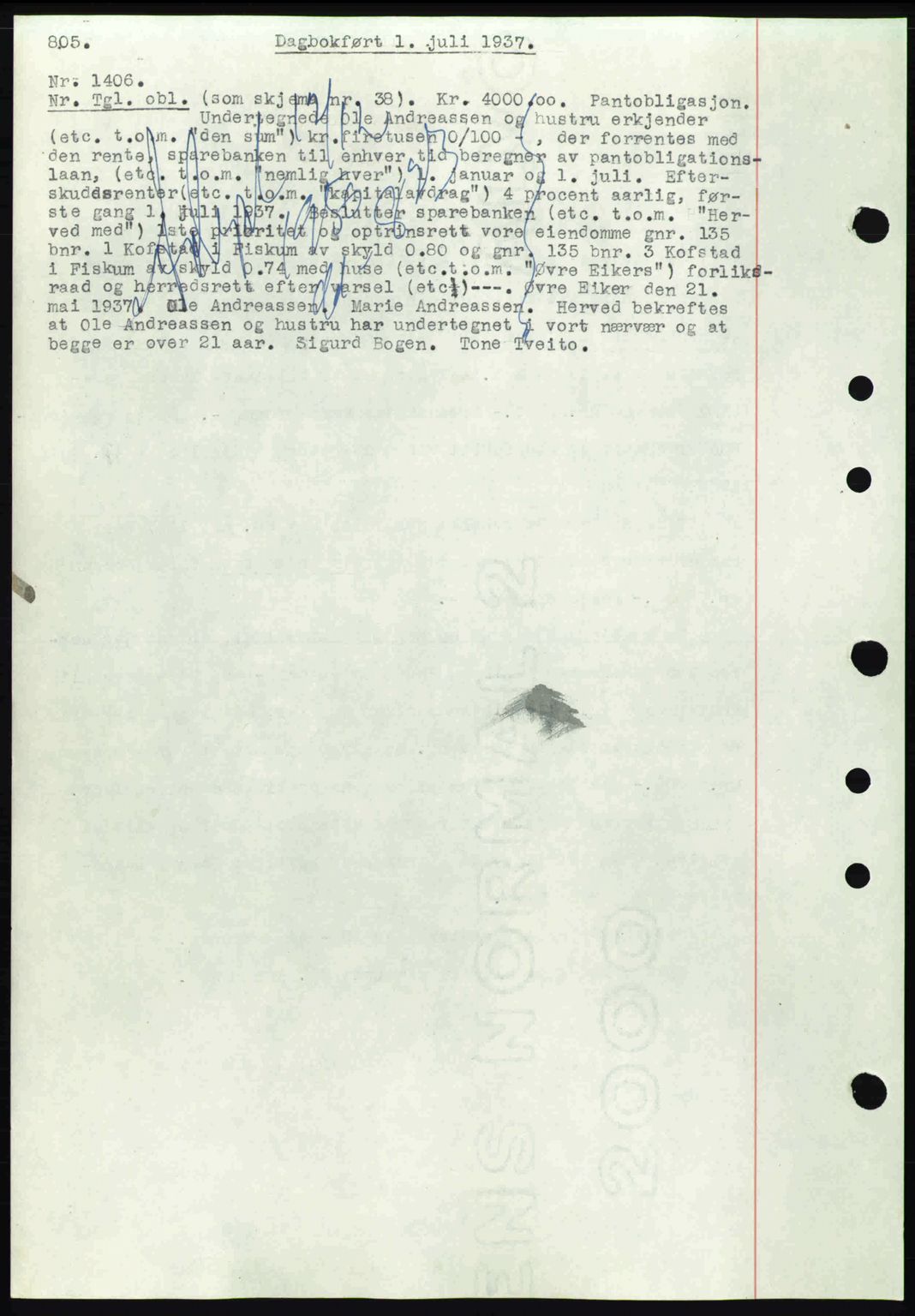 Eiker, Modum og Sigdal sorenskriveri, SAKO/A-123/G/Ga/Gab/L0035: Mortgage book no. A5, 1937-1937, Diary no: : 1406/1937