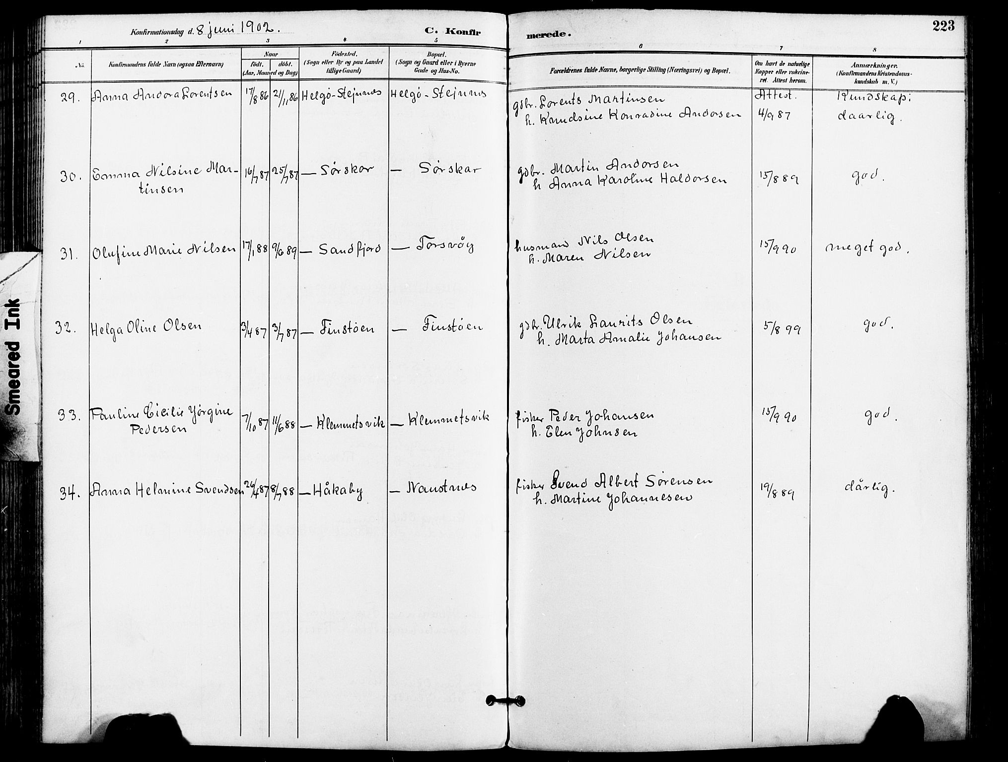 Karlsøy sokneprestembete, AV/SATØ-S-1299/H/Ha/Haa/L0007kirke: Parish register (official) no. 7, 1891-1902, p. 223