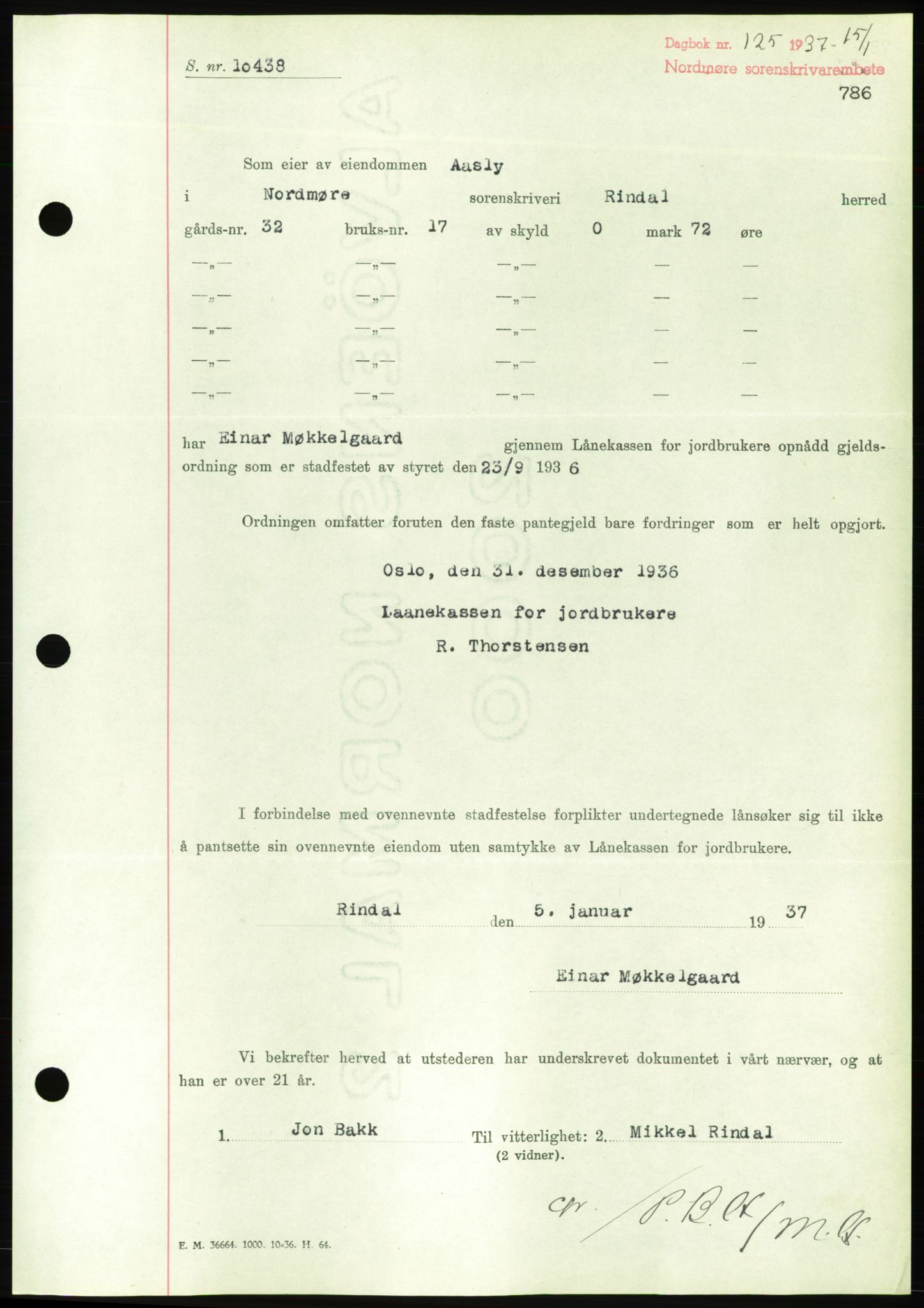 Nordmøre sorenskriveri, AV/SAT-A-4132/1/2/2Ca/L0090: Mortgage book no. B80, 1936-1937, Diary no: : 125/1937