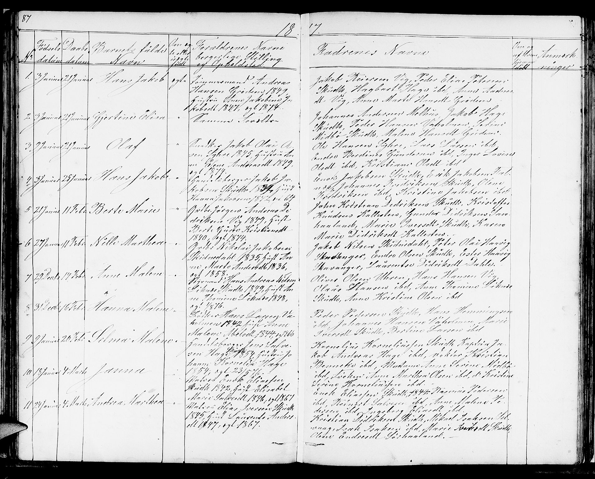Skudenes sokneprestkontor, AV/SAST-A -101849/H/Ha/Hab/L0004: Parish register (copy) no. B 4, 1865-1884, p. 87