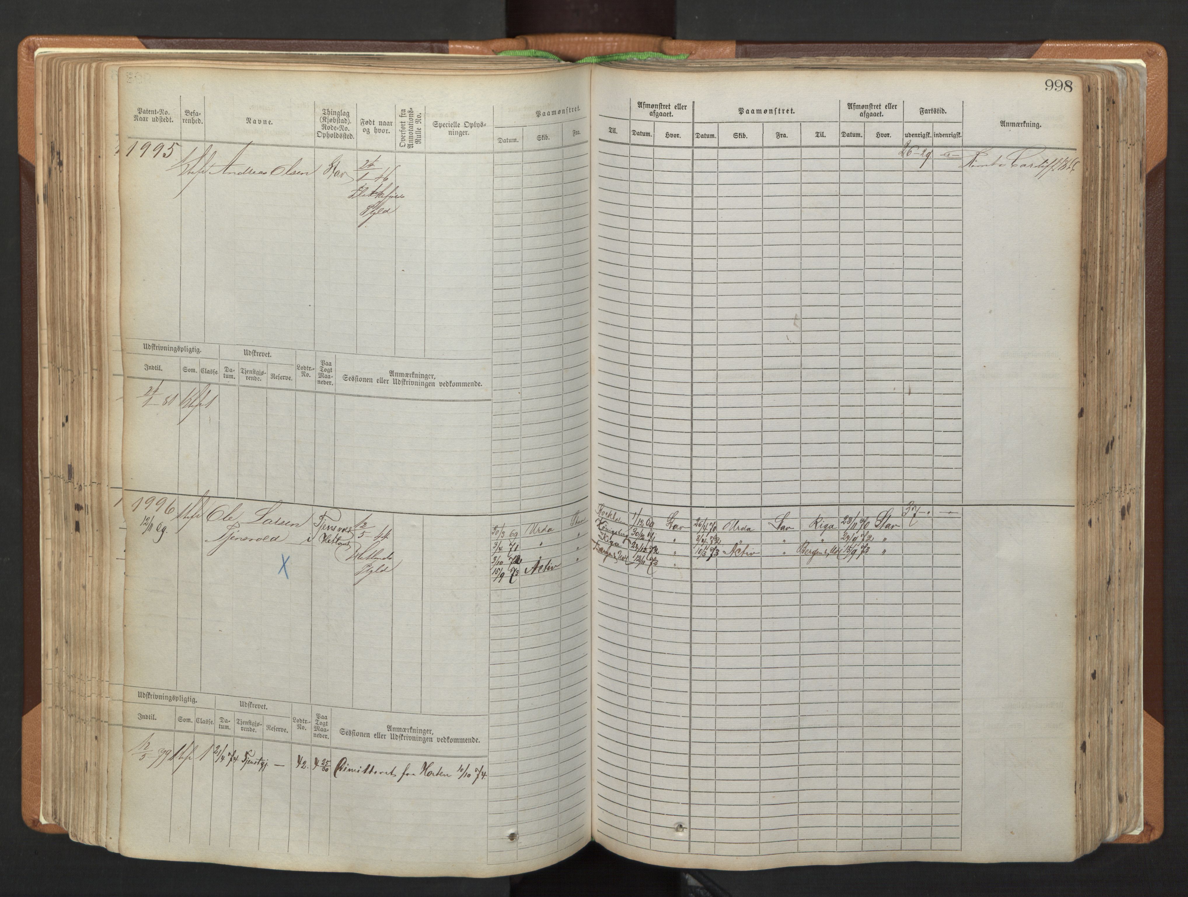 Stavanger sjømannskontor, AV/SAST-A-102006/F/Fb/Fbb/L0006: Sjøfartshovedrulle, patentnr. 1607-2402 (del 3), 1869-1880, p. 198