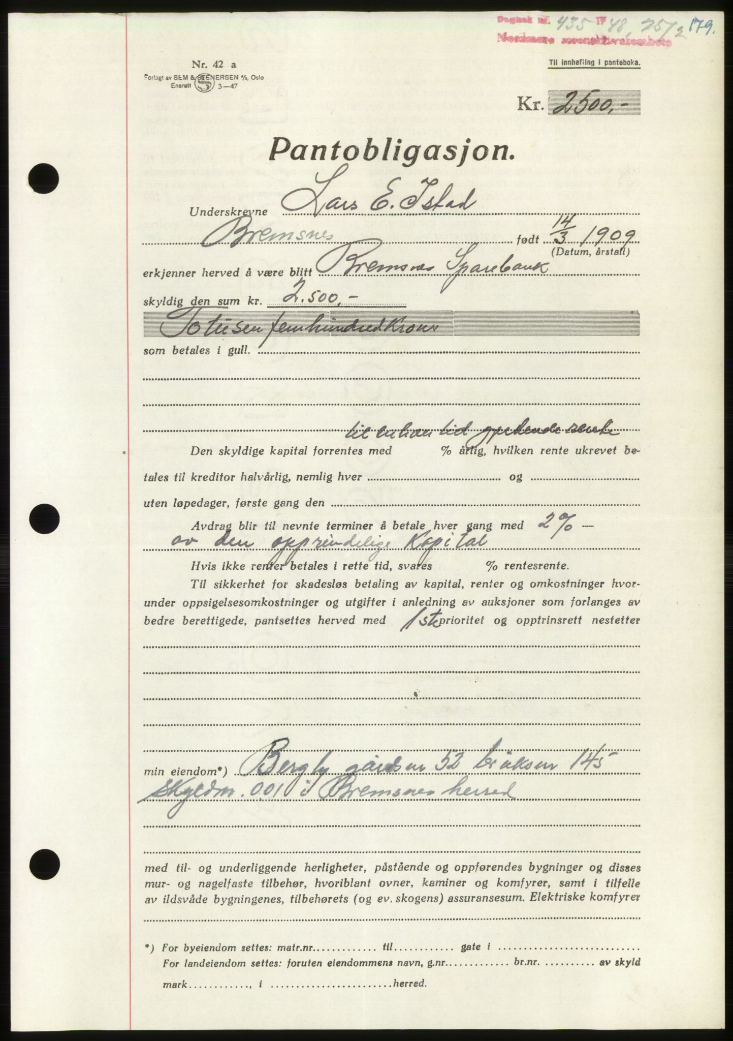 Nordmøre sorenskriveri, AV/SAT-A-4132/1/2/2Ca: Mortgage book no. B98, 1948-1948, Diary no: : 435/1948