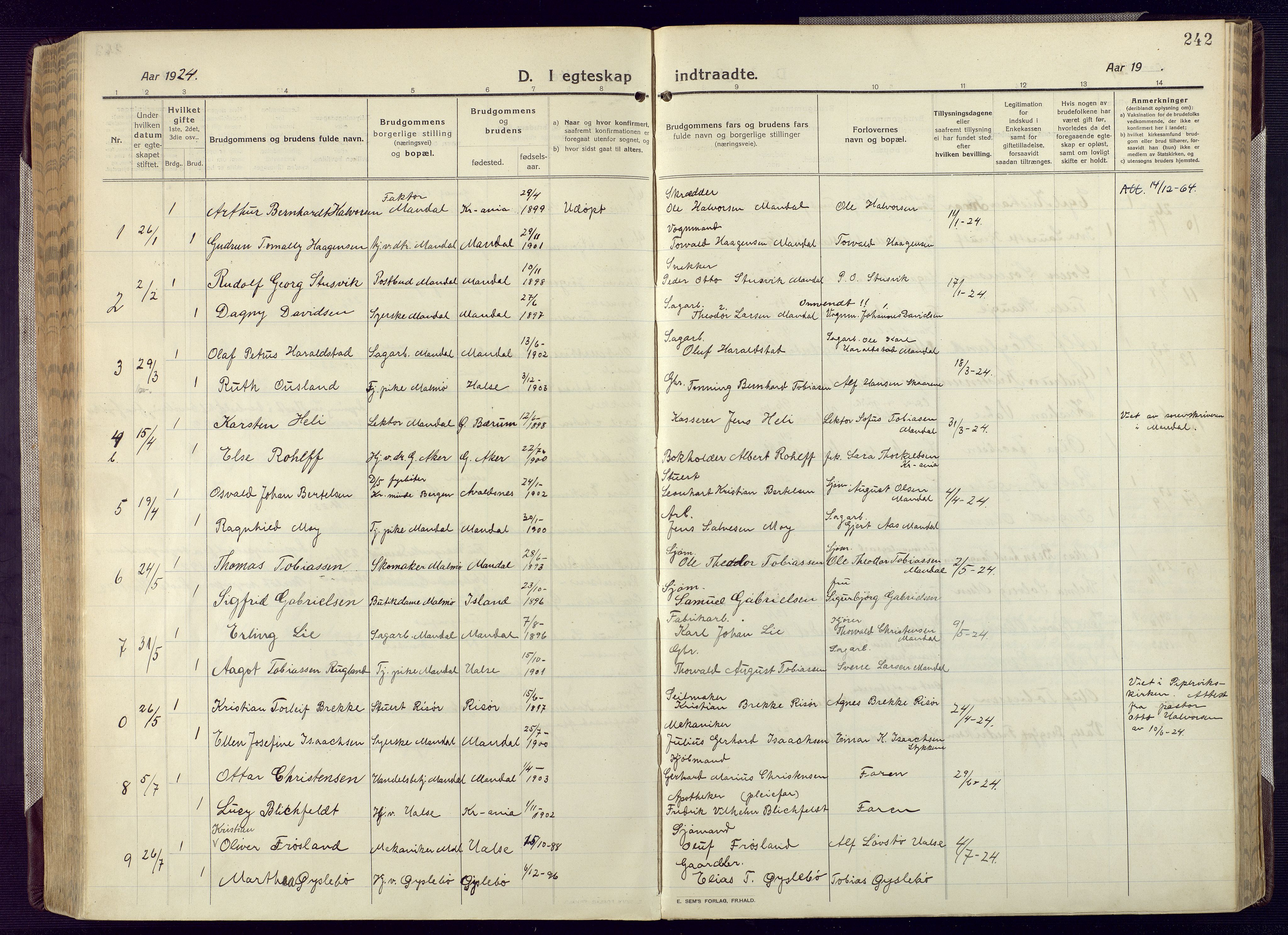 Mandal sokneprestkontor, SAK/1111-0030/F/Fa/Fac/L0001: Parish register (official) no. A 1, 1913-1925, p. 242