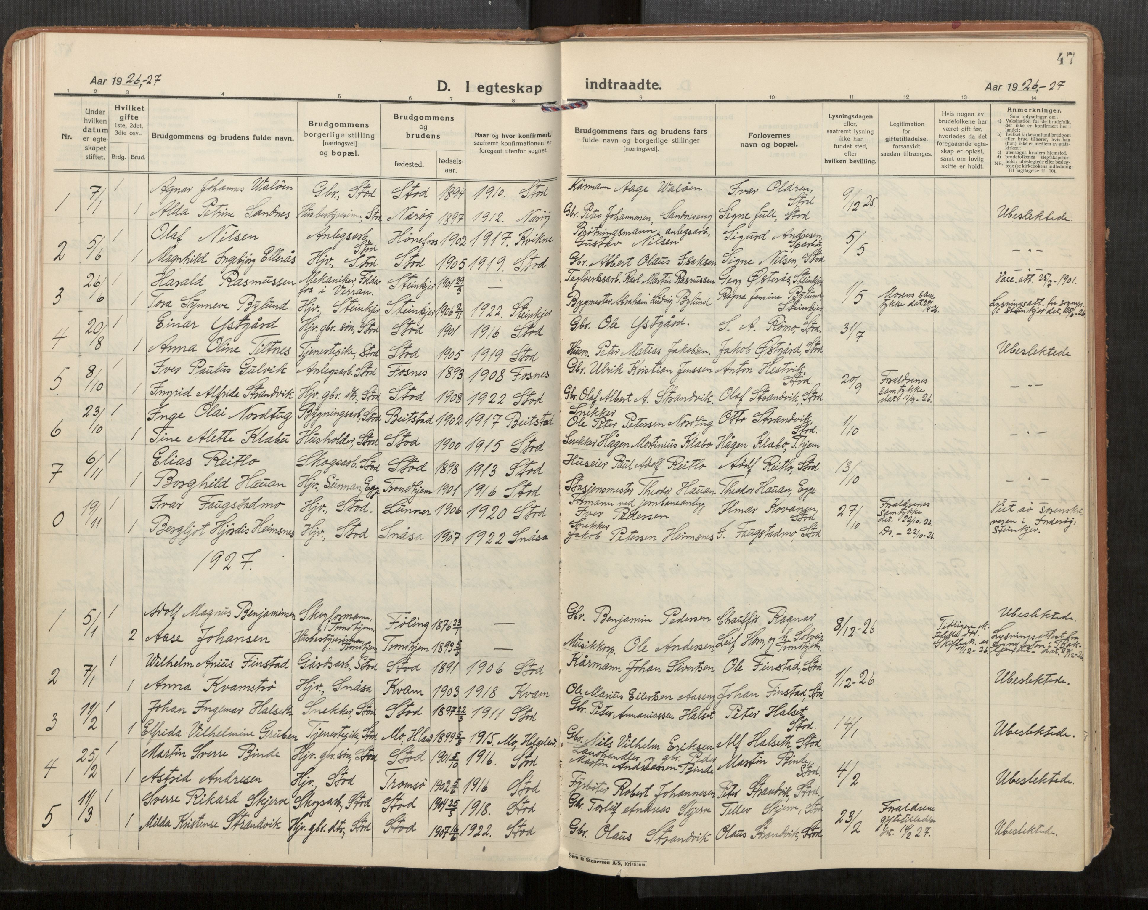 Stod sokneprestkontor, AV/SAT-A-1164/1/I/I1/I1a/L0005: Parish register (official) no. 5, 1923-1932, p. 47