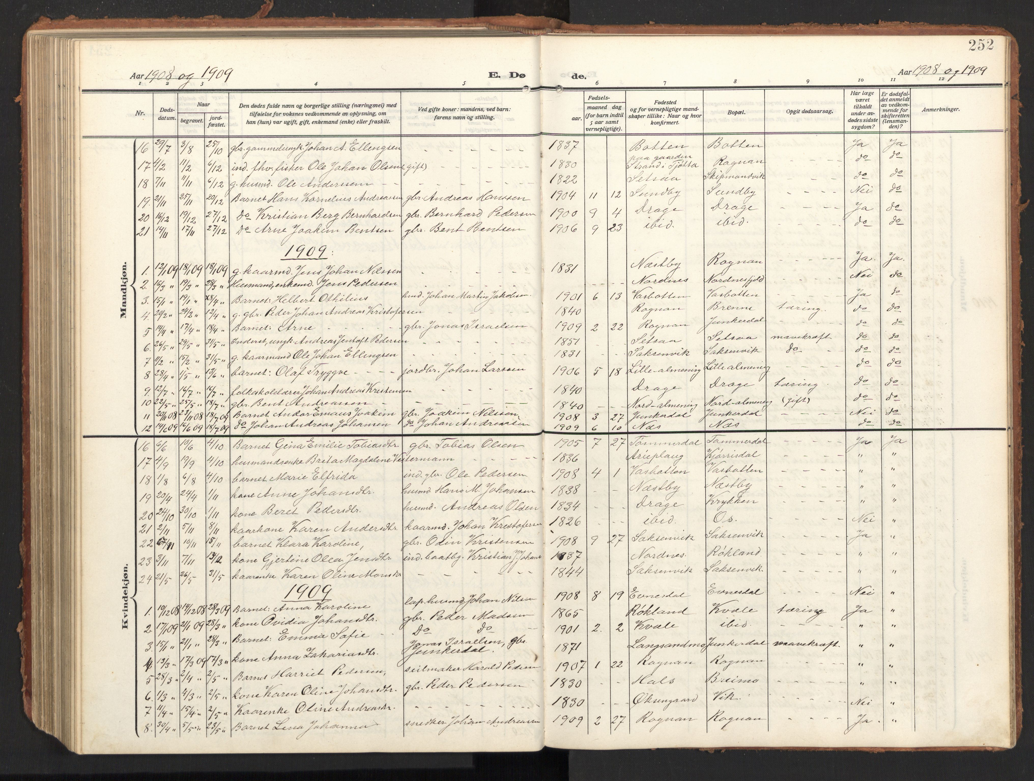 Ministerialprotokoller, klokkerbøker og fødselsregistre - Nordland, SAT/A-1459/847/L0683: Parish register (copy) no. 847C11, 1908-1929, p. 252