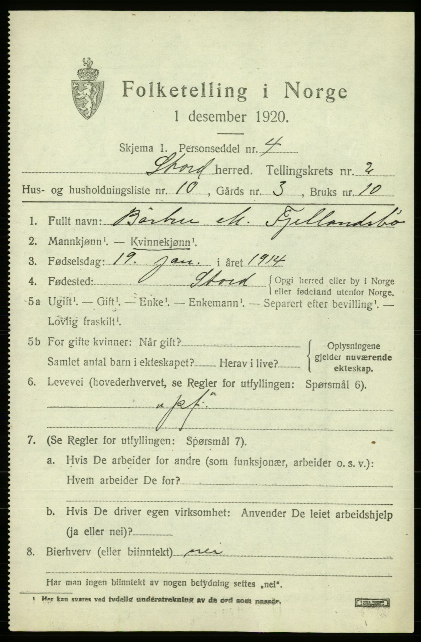 SAB, 1920 census for Stord, 1920, p. 1681