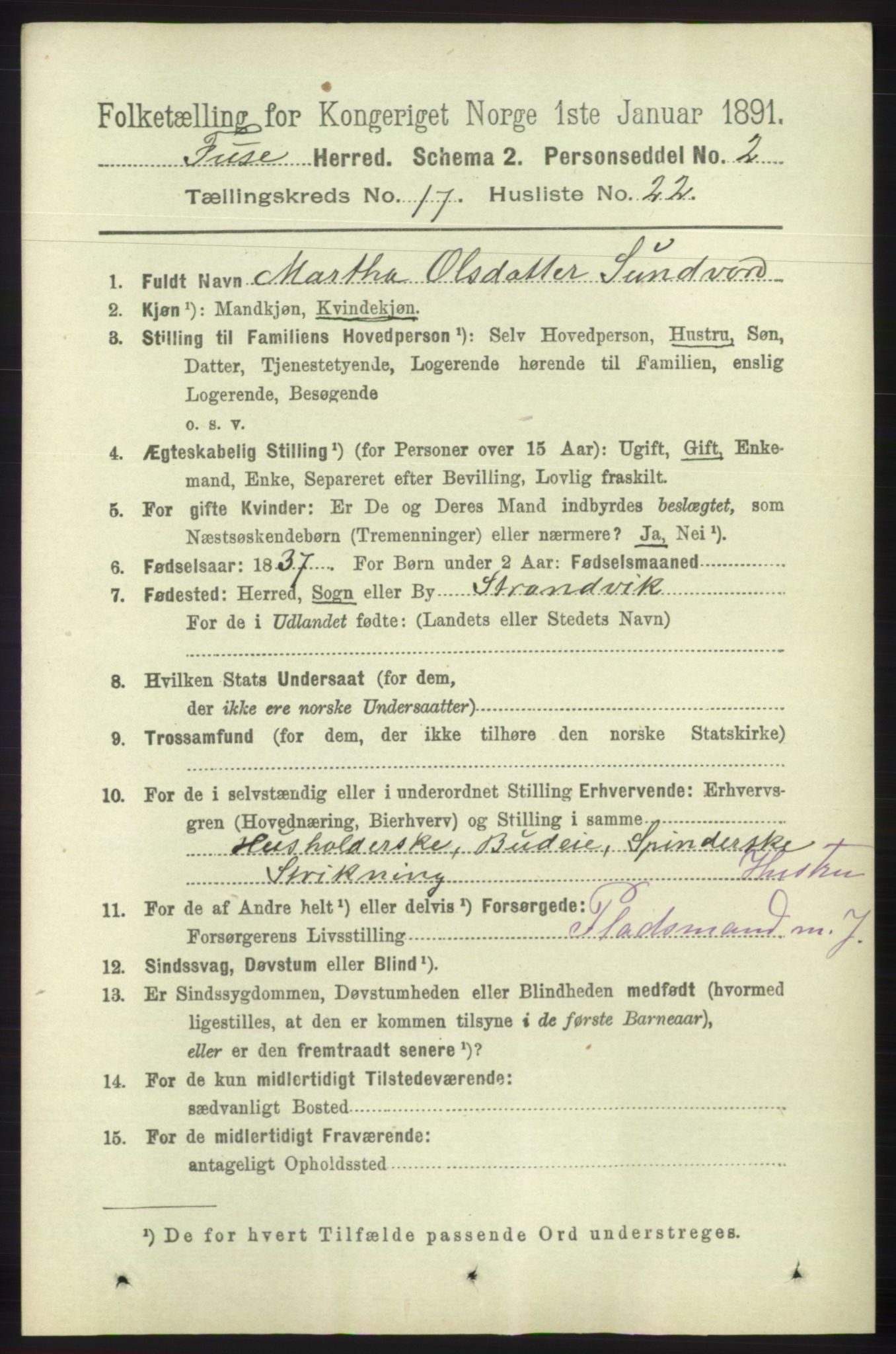 RA, 1891 census for 1241 Fusa, 1891, p. 3933