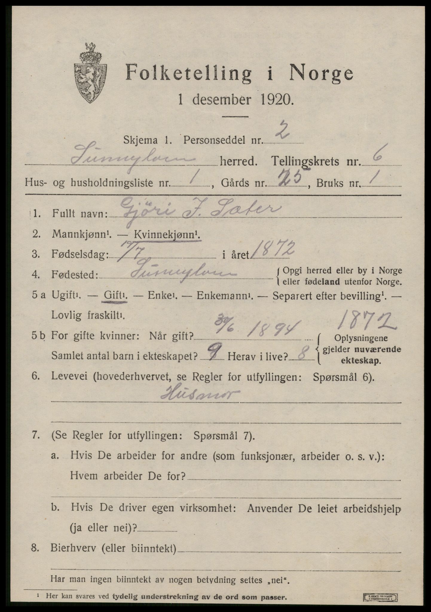 SAT, 1920 census for Sunnylven, 1920, p. 2426
