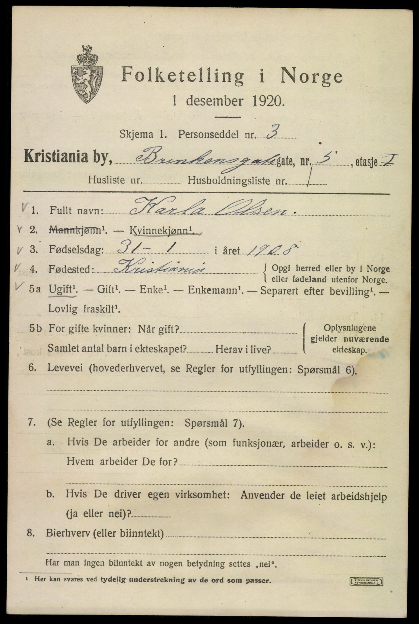 SAO, 1920 census for Kristiania, 1920, p. 171801