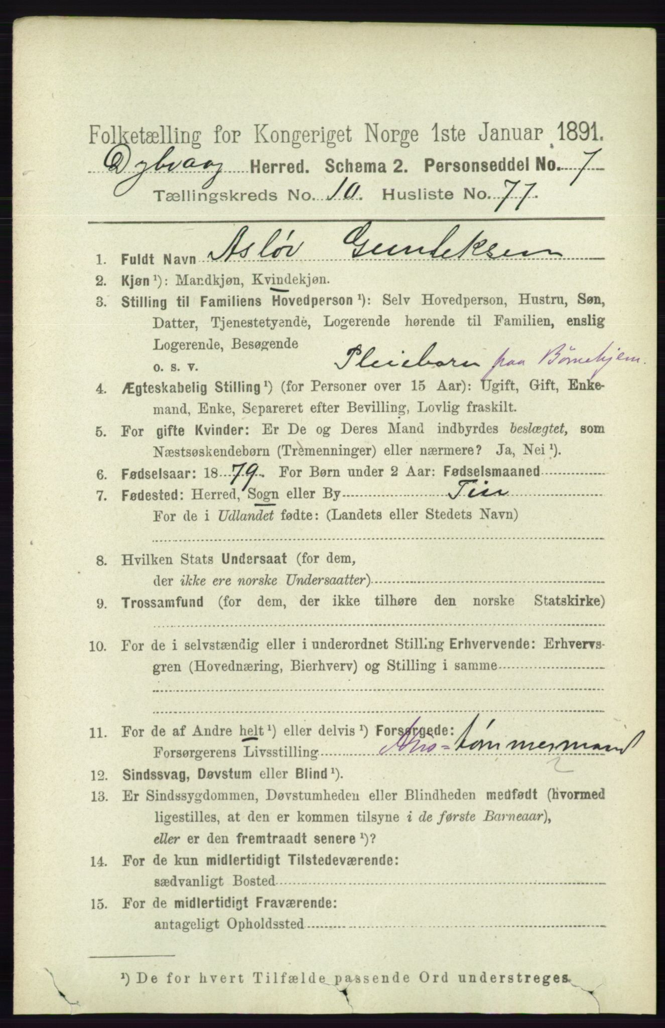 RA, 1891 census for 0915 Dypvåg, 1891, p. 4221