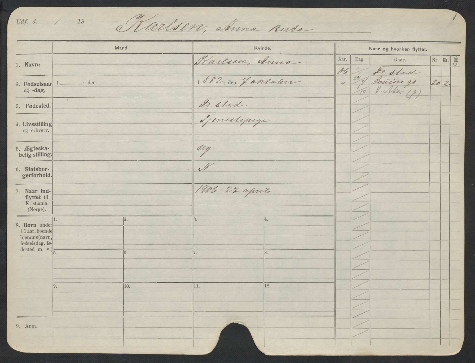 Oslo folkeregister, Registerkort, AV/SAO-A-11715/F/Fa/Fac/L0018: Kvinner, 1906-1914, p. 800a