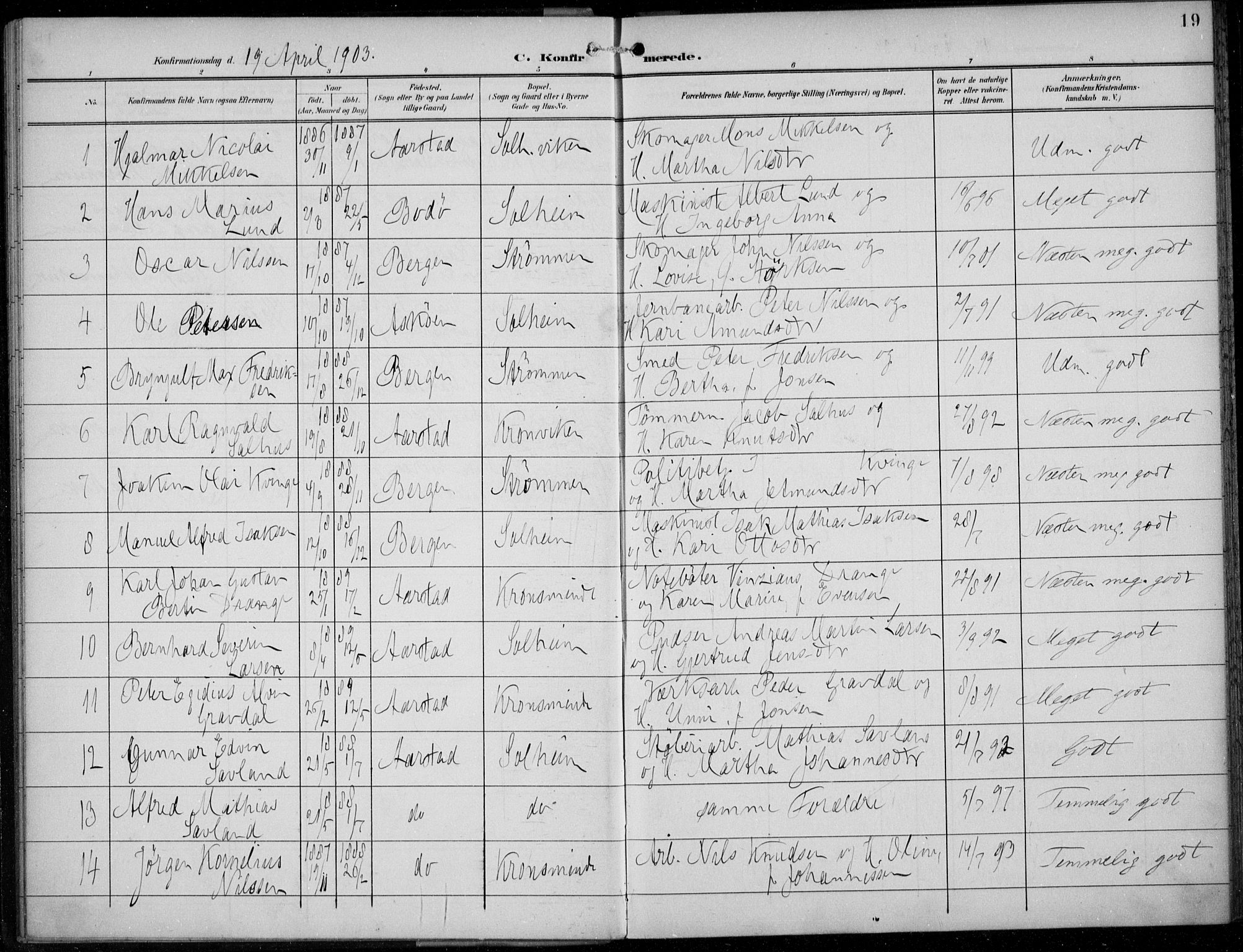 Årstad Sokneprestembete, AV/SAB-A-79301/H/Haa/L0007: Parish register (official) no. B 2, 1901-1914, p. 19