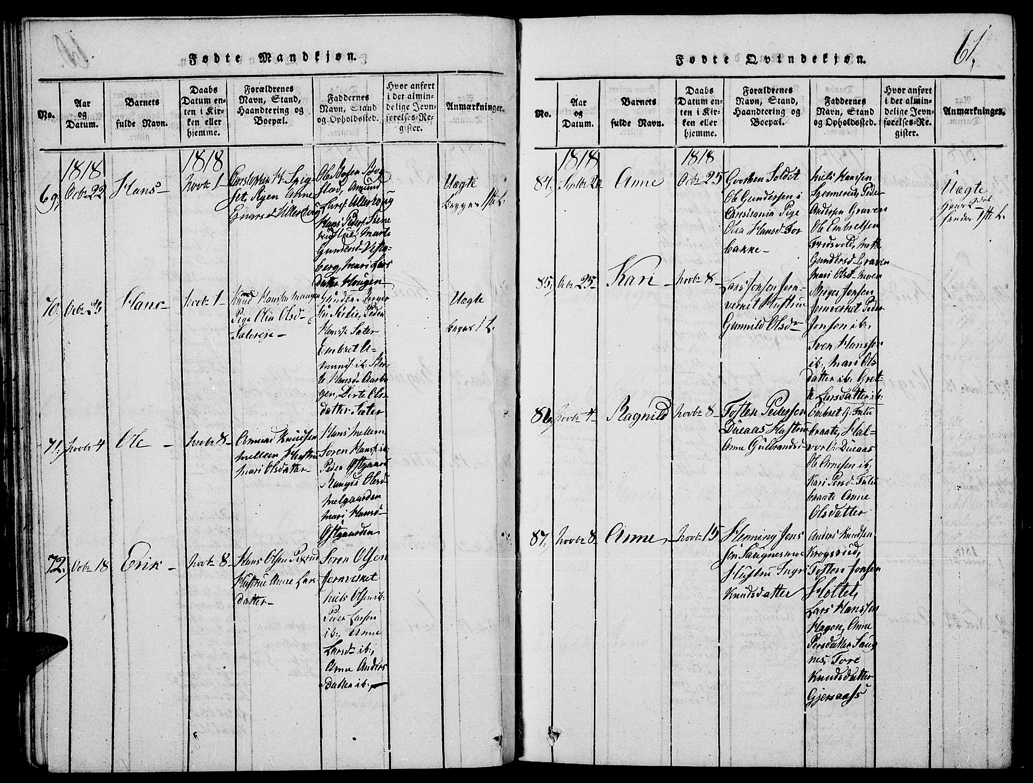 Strøm-Odalen prestekontor, AV/SAH-PREST-028/H/Ha/Hab/L0001: Parish register (copy) no. 1, 1813-1825, p. 61