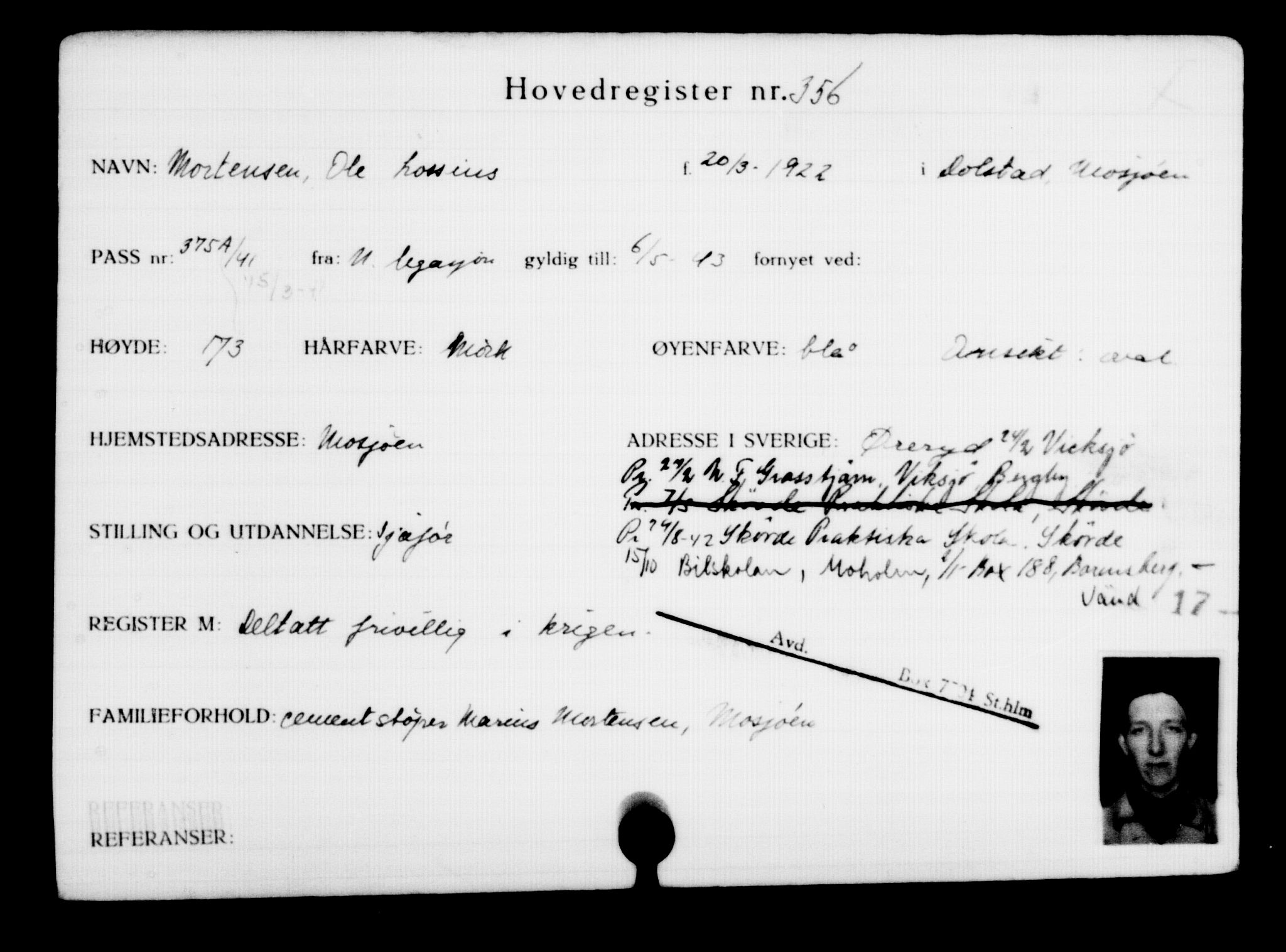 Utenriksstasjonene, Legasjonen i Stockholm, Flyktningkontoret, AV/RA-S-6753/V/Va/L0001: Kjesäterkartoteket, flyktninger med registreringsnr. 1-1000, 1940-1945, p. 562