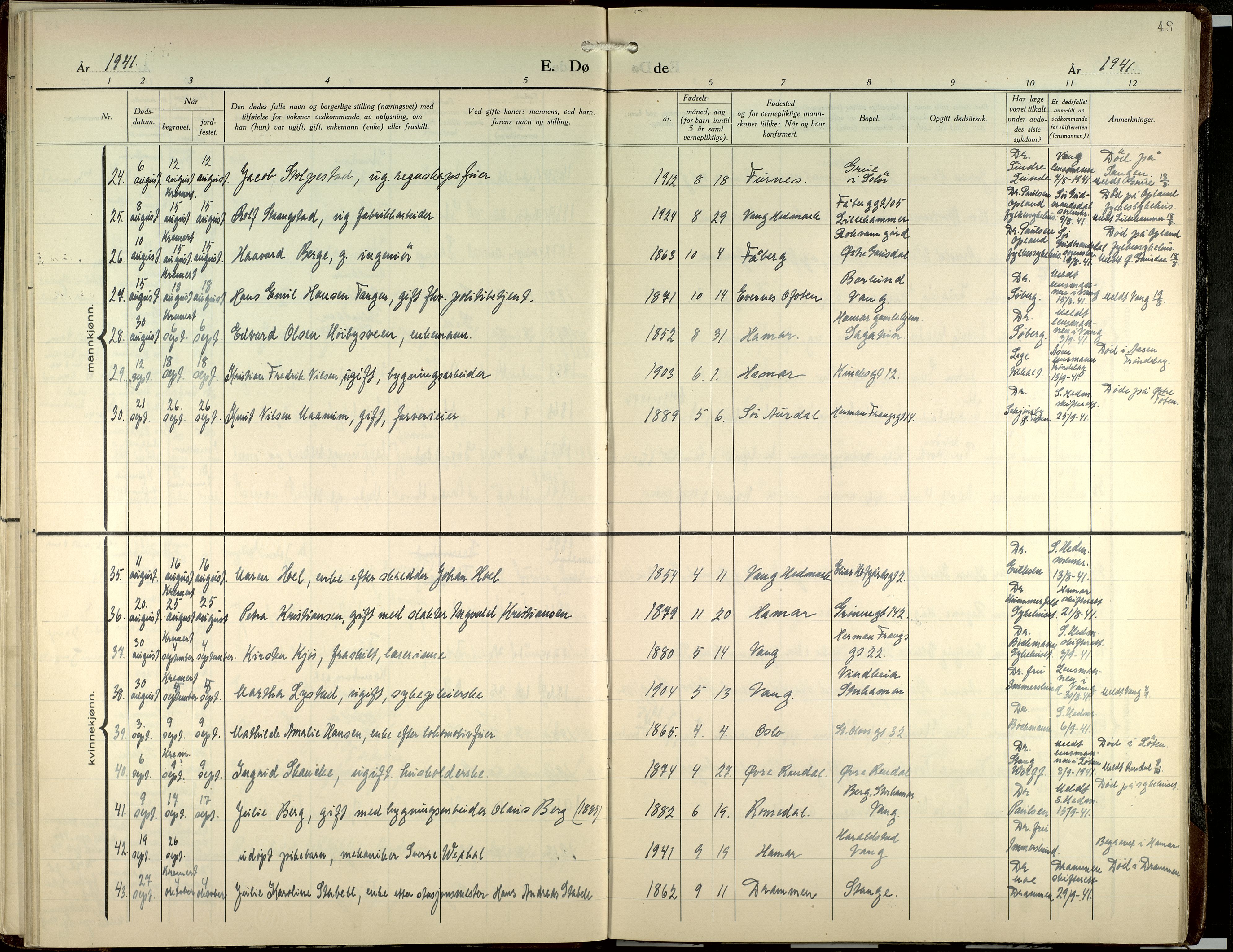 Hamar prestekontor, AV/SAH-DOMPH-002/H/Ha/Haa/L0007: Parish register (official) no. 7, 1933-1953, p. 48