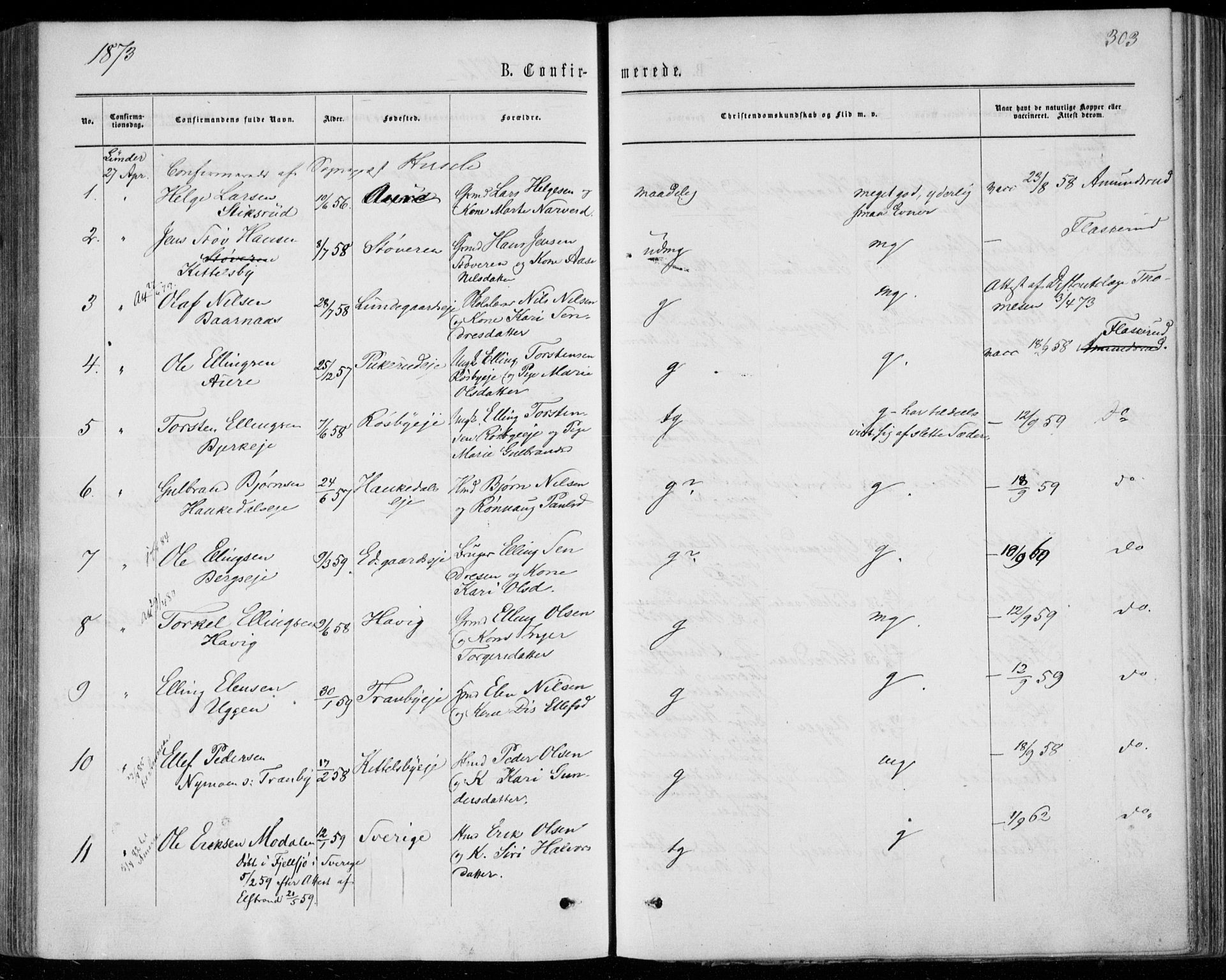 Norderhov kirkebøker, AV/SAKO-A-237/F/Fa/L0013: Parish register (official) no. 13, 1866-1874, p. 303