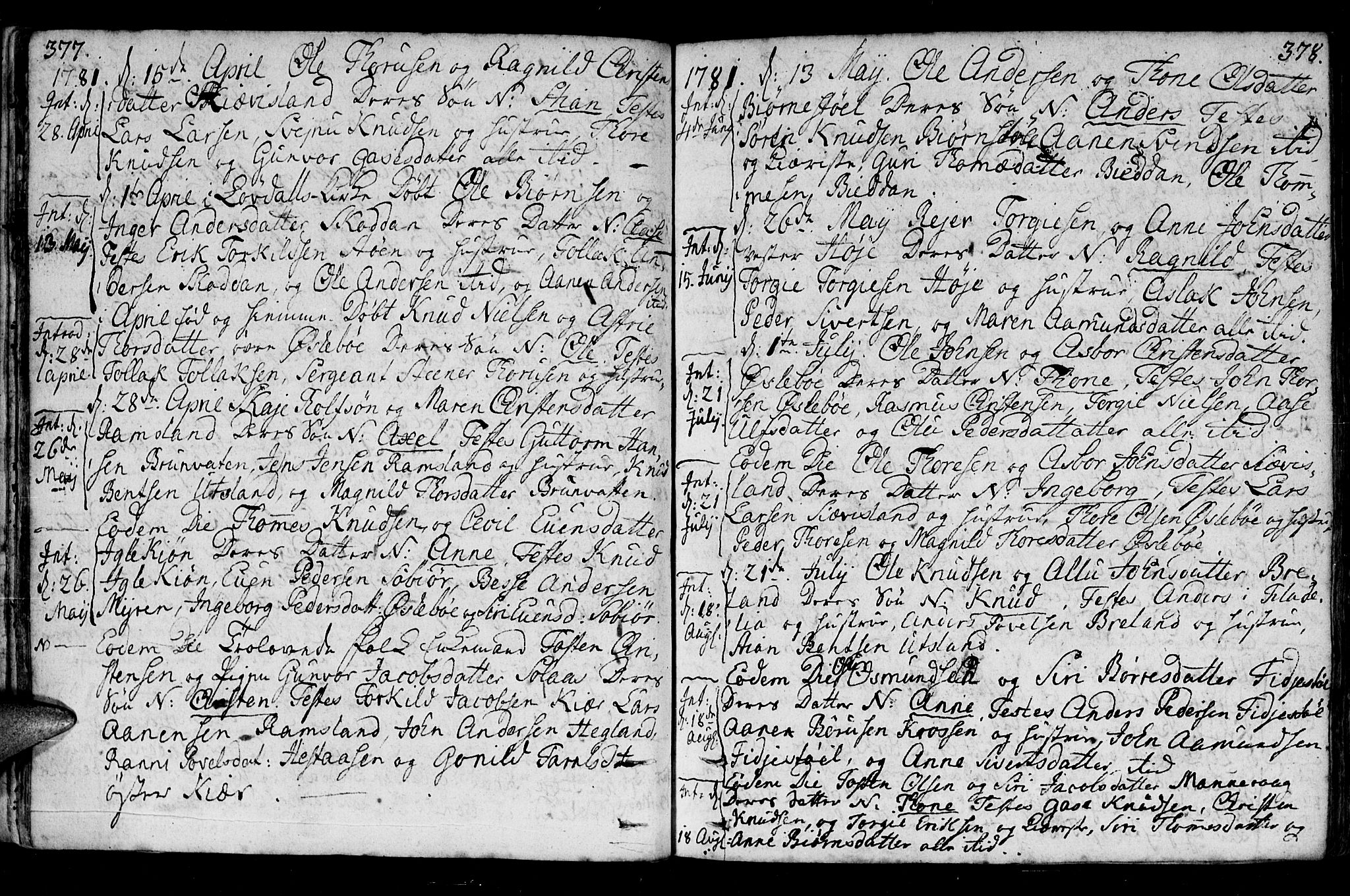 Holum sokneprestkontor, AV/SAK-1111-0022/F/Fa/Fac/L0001: Parish register (official) no. A 1, 1773-1820, p. 377-378