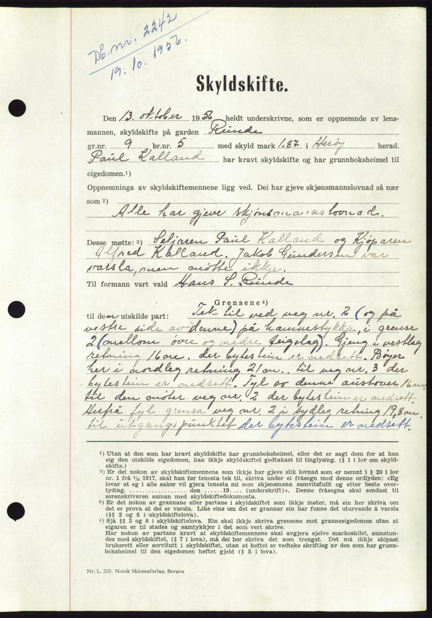 Søre Sunnmøre sorenskriveri, AV/SAT-A-4122/1/2/2C/L0104: Mortgage book no. 30A, 1956-1956, Diary no: : 2242/1956