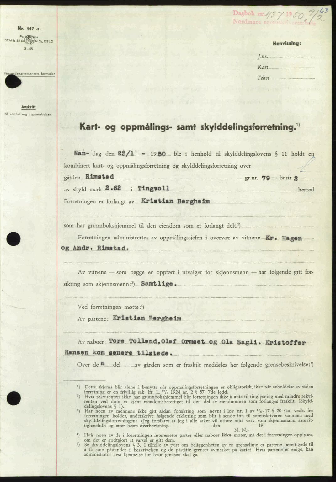 Nordmøre sorenskriveri, AV/SAT-A-4132/1/2/2Ca: Mortgage book no. A114, 1950-1950, Diary no: : 437/1950