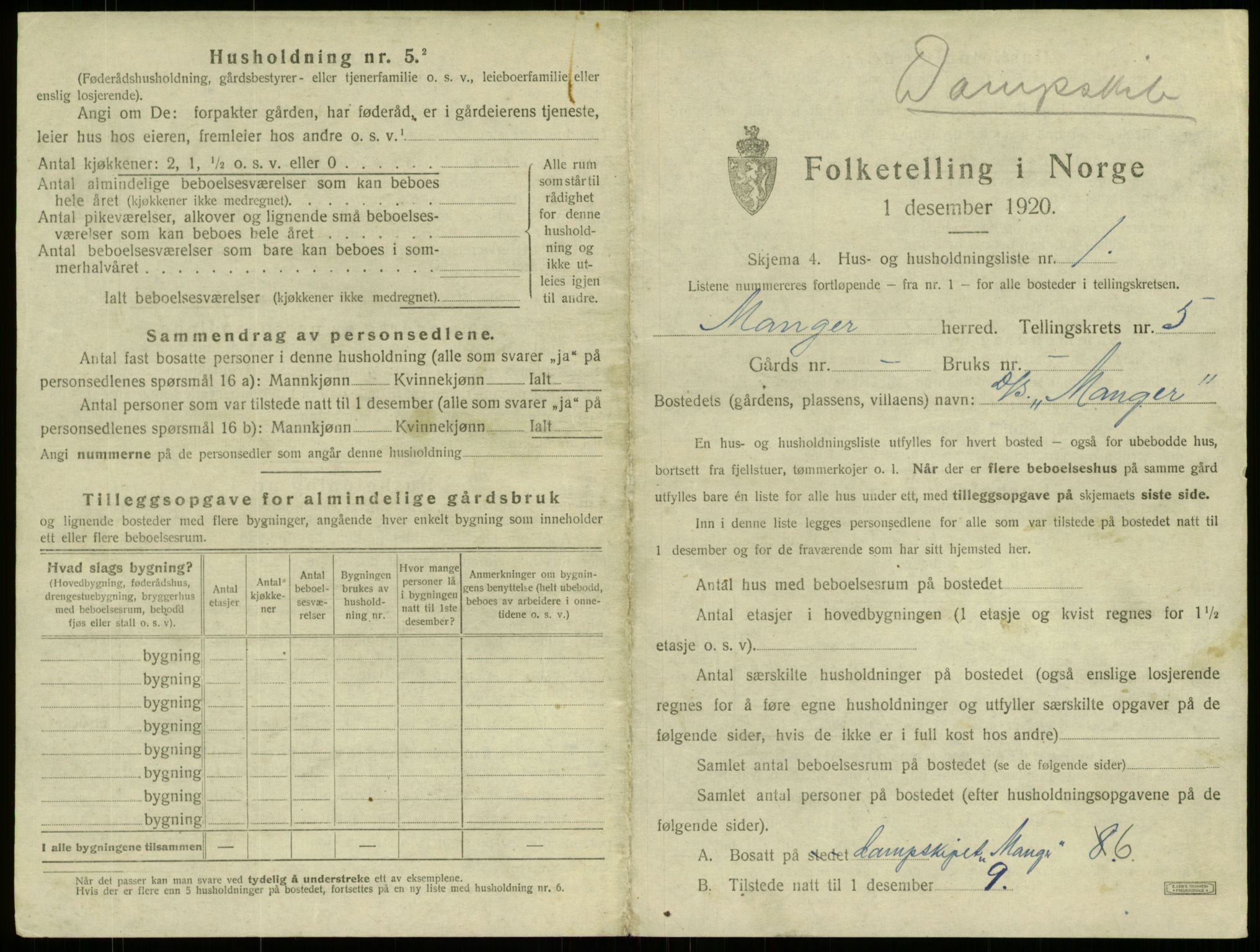 SAB, 1920 census for Manger, 1920, p. 340