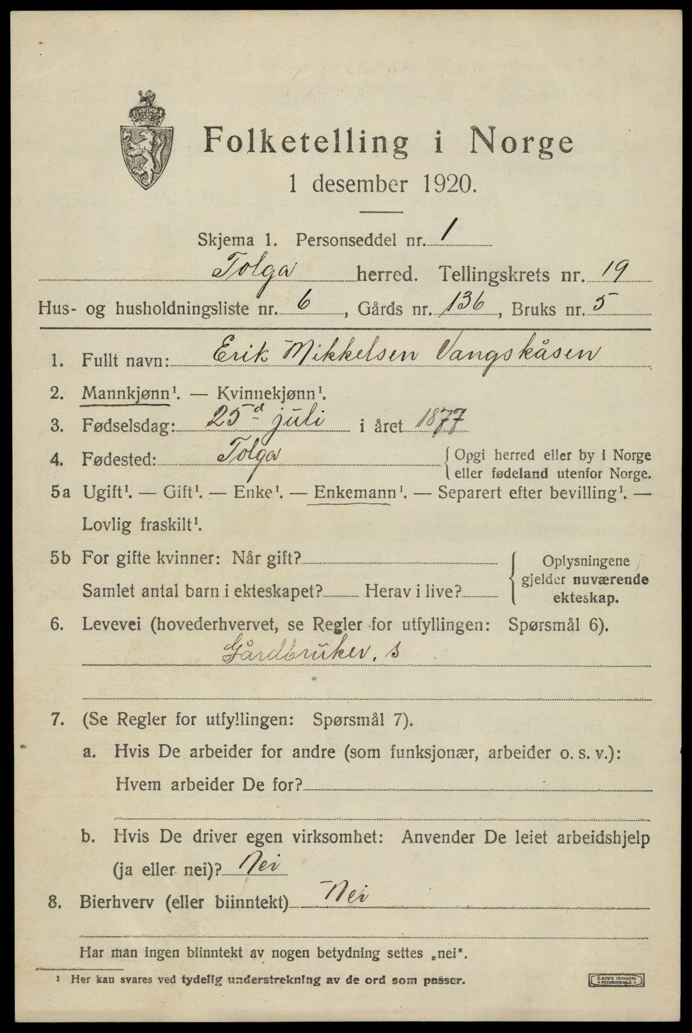 SAH, 1920 census for Tolga, 1920, p. 8539