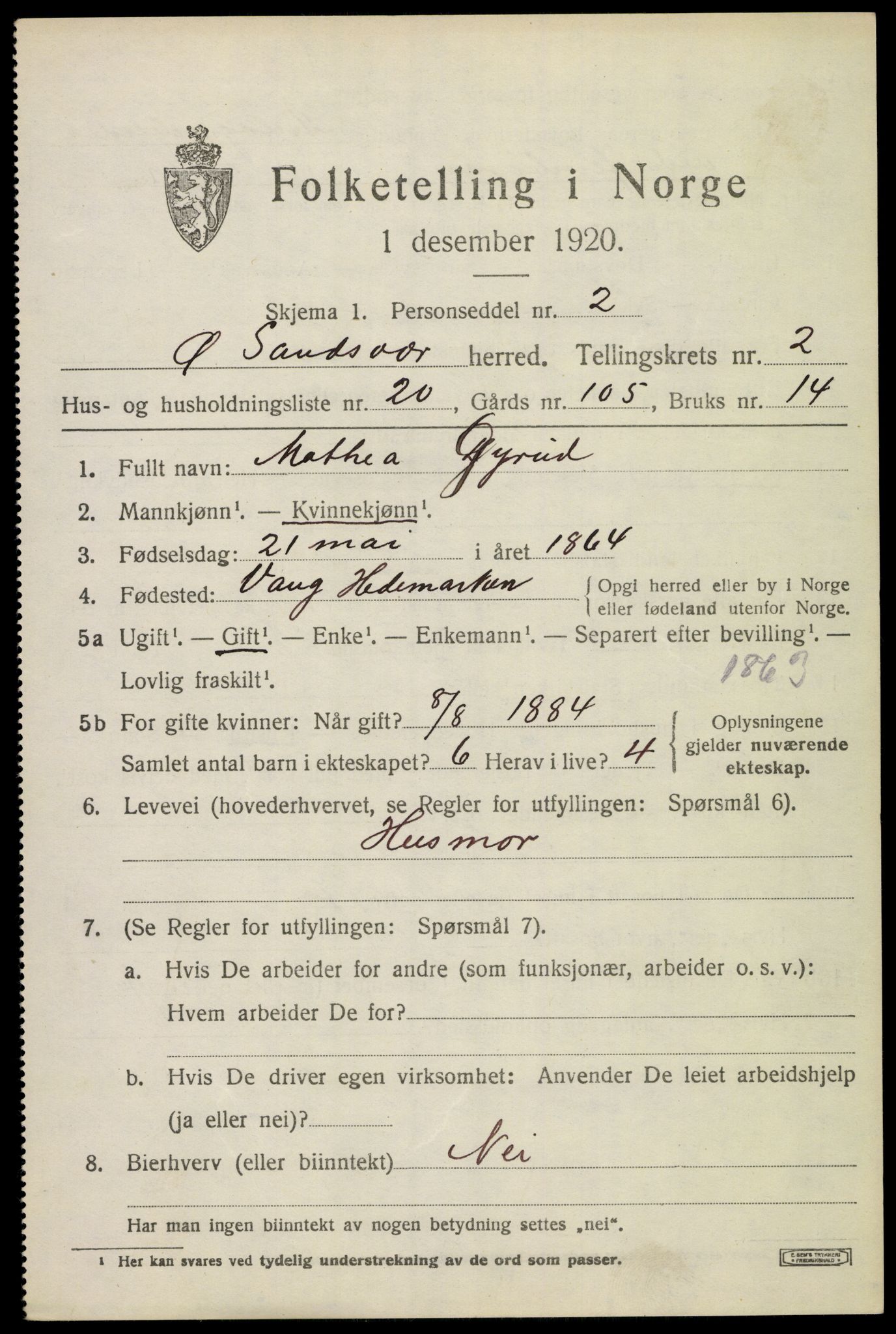 SAKO, 1920 census for Øvre Sandsvær, 1920, p. 1942