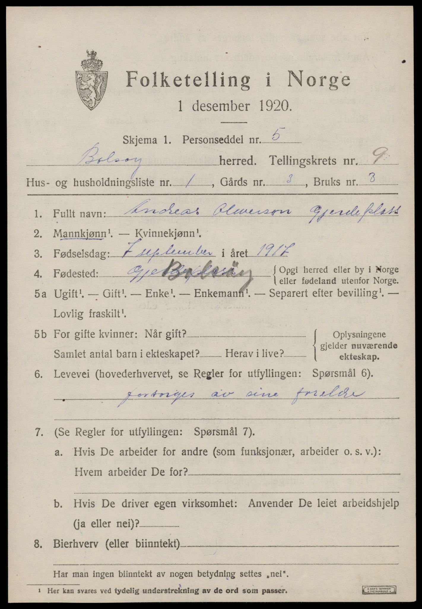 SAT, 1920 census for Bolsøy, 1920, p. 9875