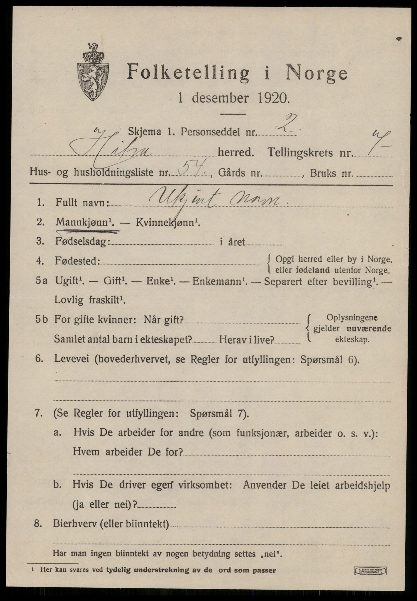 SAT, 1920 census for Hitra, 1920, p. 2611