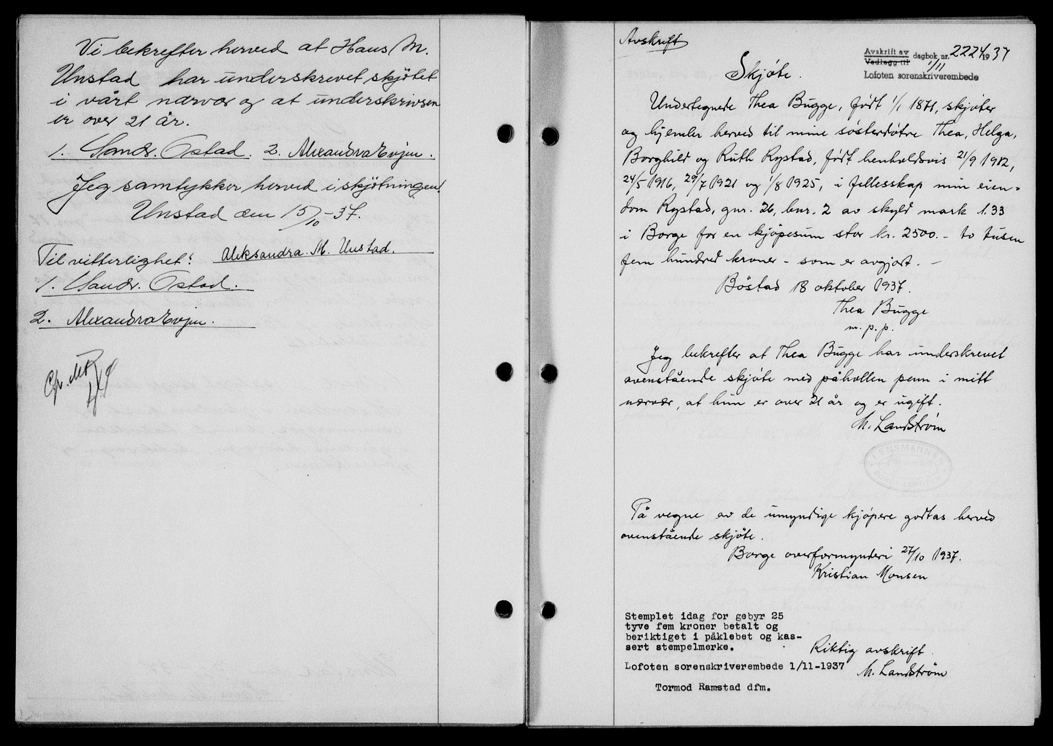 Lofoten sorenskriveri, SAT/A-0017/1/2/2C/L0003a: Mortgage book no. 3a, 1937-1938, Diary no: : 2224/1937